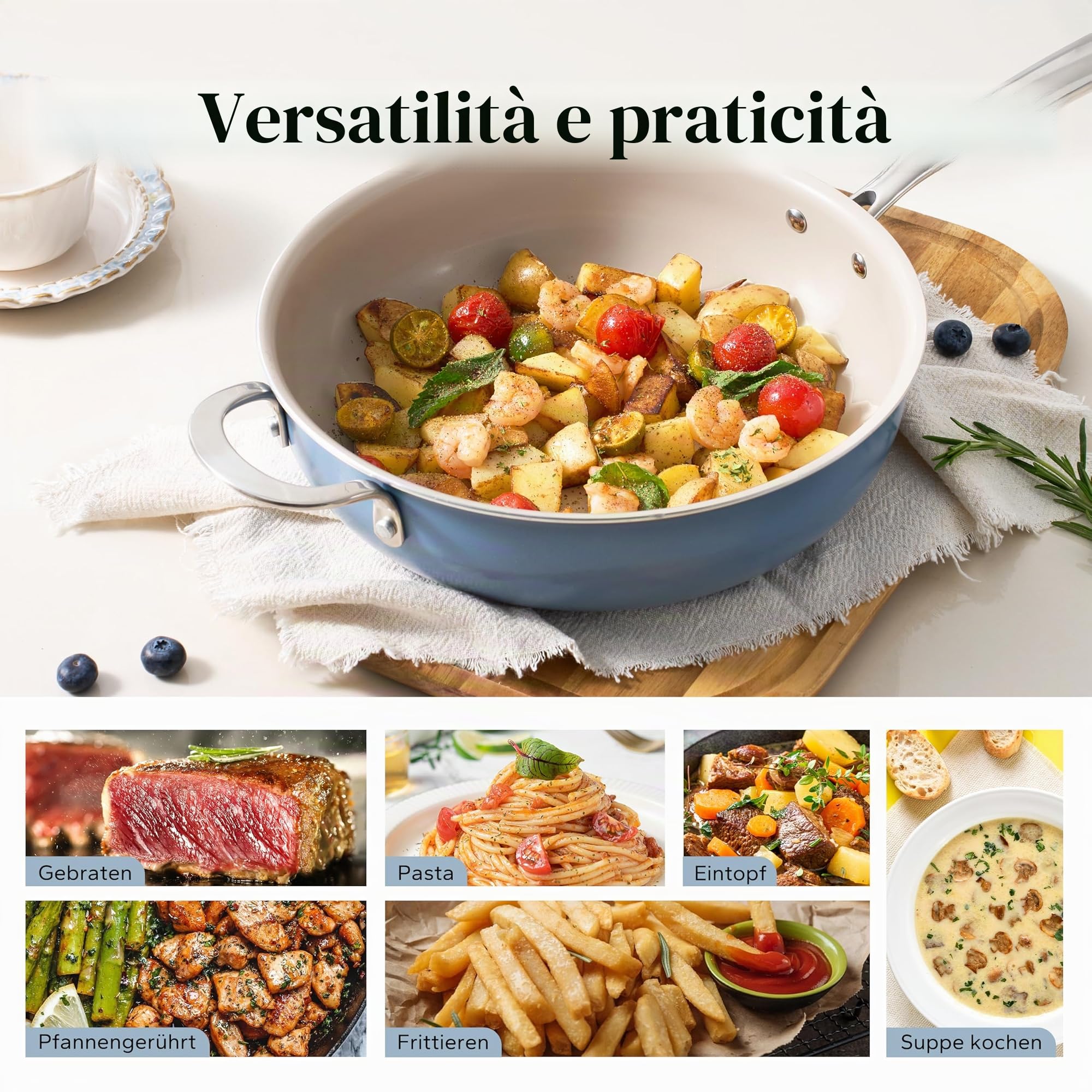 Redchef Padella da 28 cm, con coperchio, rivestimento antiaderente, in ceramica, a induzione con manico in acciaio inox, senza PTFE, senza PFAS, adatta al forno, lavabile in lavastoviglie, colore: blu