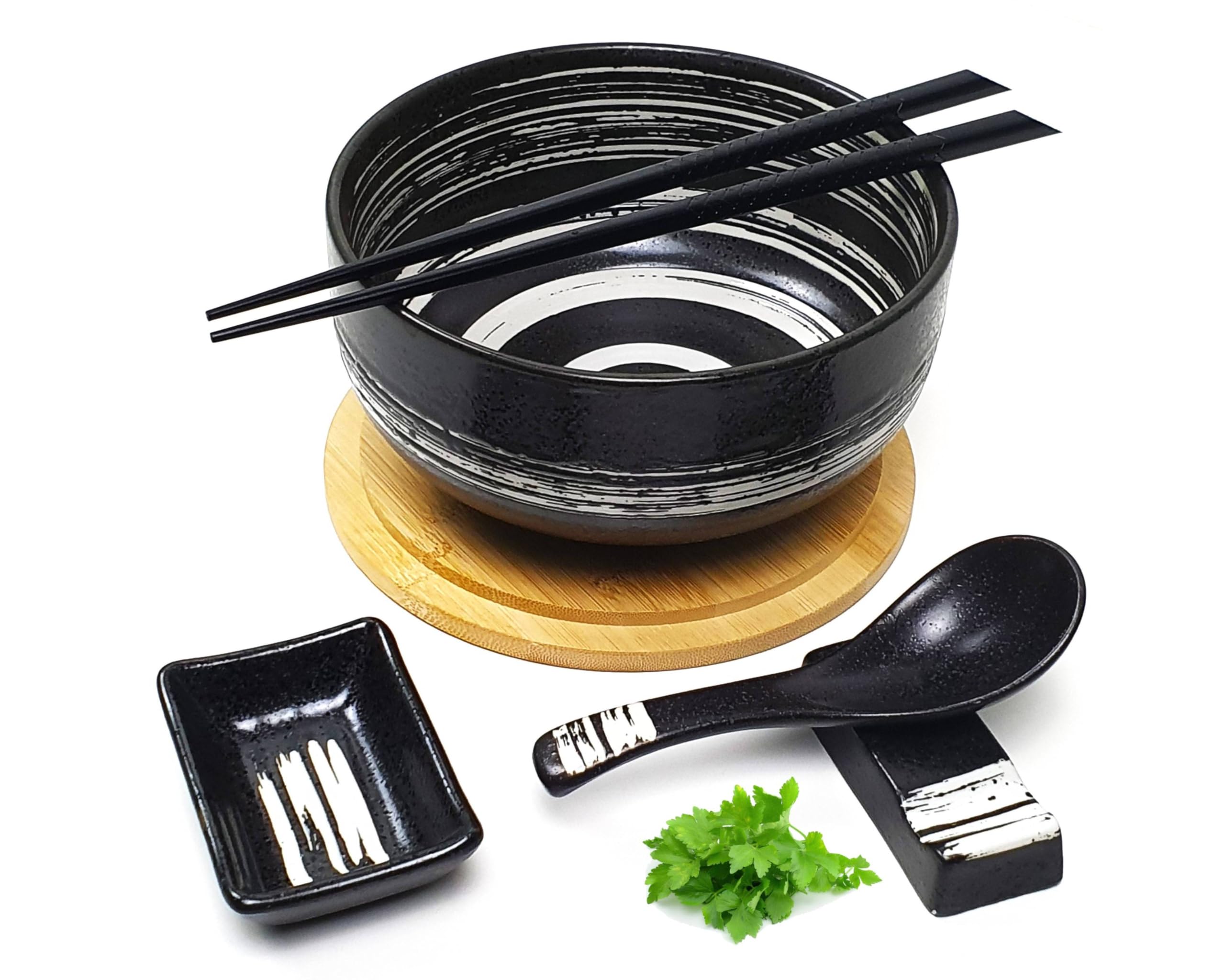 Japanisches Ramen-Schalen-Set – Keramik Mit Bambus-Zubehör (Deckel, Löffel, Stäbchen, Untersetzer) – Mikrowellengeeignet, 16,8 Cm