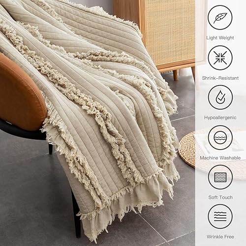 Miniatura 4 de Manta acolchada de rombos bohemios, prelavada, con volantes amarillos, para sofá, cama, silla, manta rústica y elegante lavada a la piedra, 50 x 60