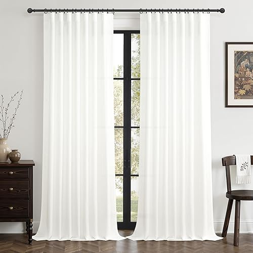 Miniatura 21 de Juego de 2 paneles de cortinas y cortinajes semitransparentes de lino mezcla natural de 84 pulgadas de largo, para sala de estar, cortinas plisadas