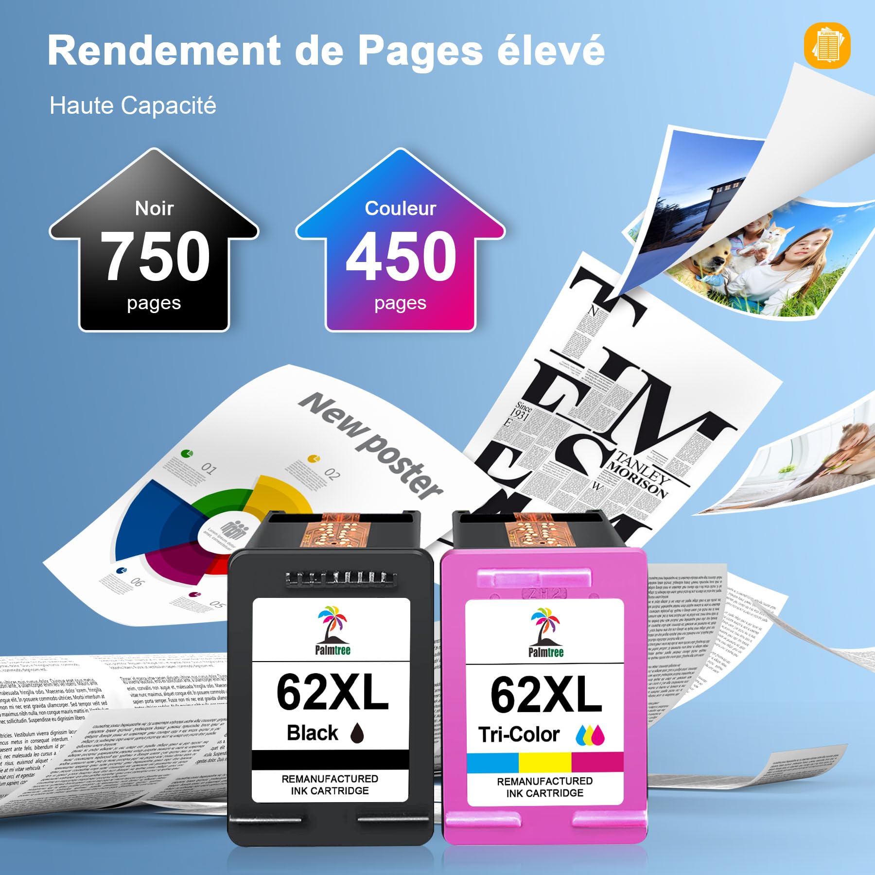 Palmtree 62XL Cartouche d'encre Remanufacturé Cartouche HP 62 Noir et Couleur pour HP OfficeJet 200 250 5740 5742 Envy 5640 5547 5644 5642 7640 5540