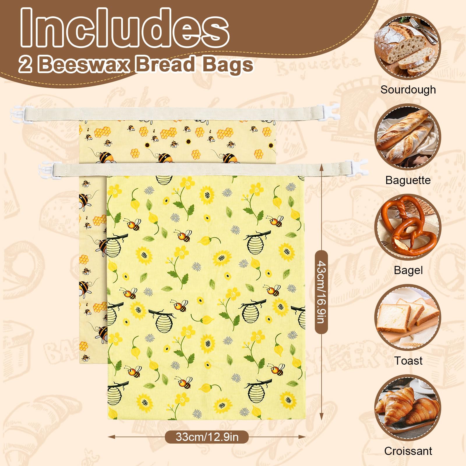 Sacchetti per il pane di cera d'api, 43×33 cm sacchetti di cotone rivestiti in cera d'api naturale, Borsa in cotone per conservare pane fatto in casa e prodotti da forno (confezione da 2)