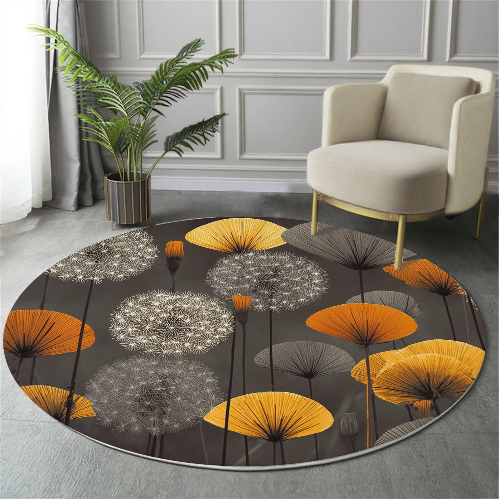 Tapis salon gris moderne du milieu du siècle, tapis rond 100cm lavable