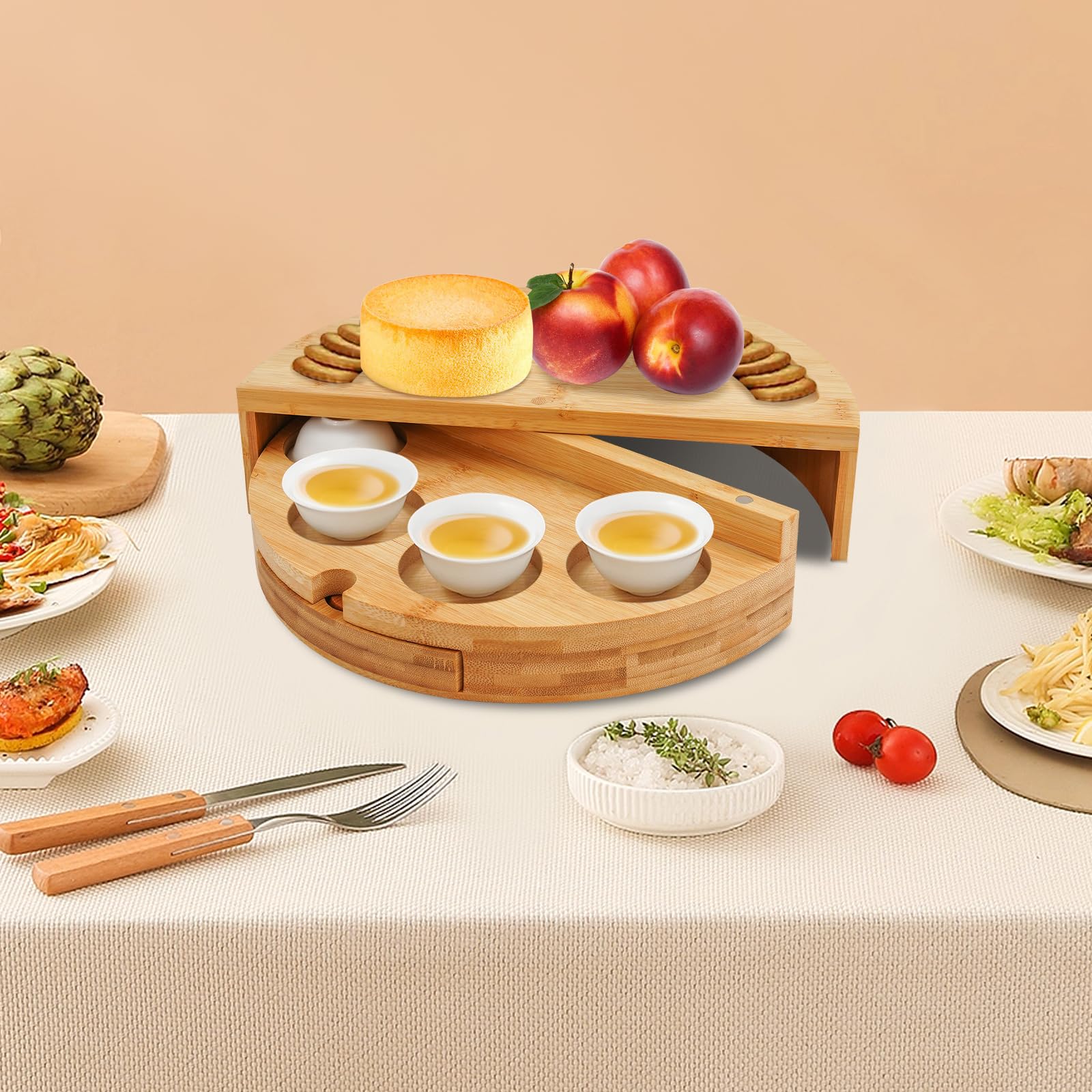Planche à fromage avec couteau à fromage - Plateau de service rotatif à 360° - Pour plateau à fromage - 32,5 x 32,5 cm - Couleur bois
