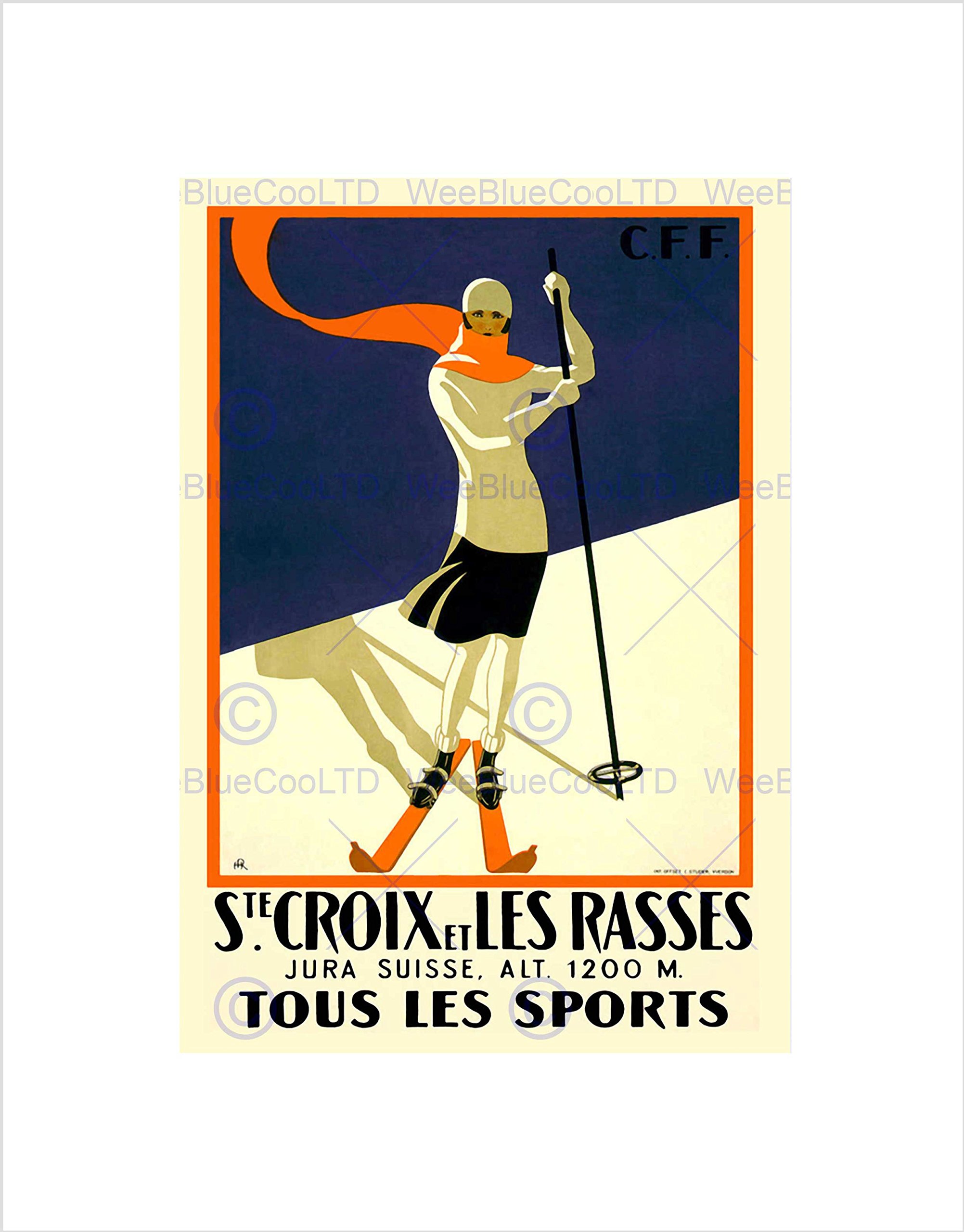 Wee Blue Coo TRAVEL WINTER SPORT ST CROIX SWITZERLAND ALPINE SKIING FRAME ART PRINT B12X1796