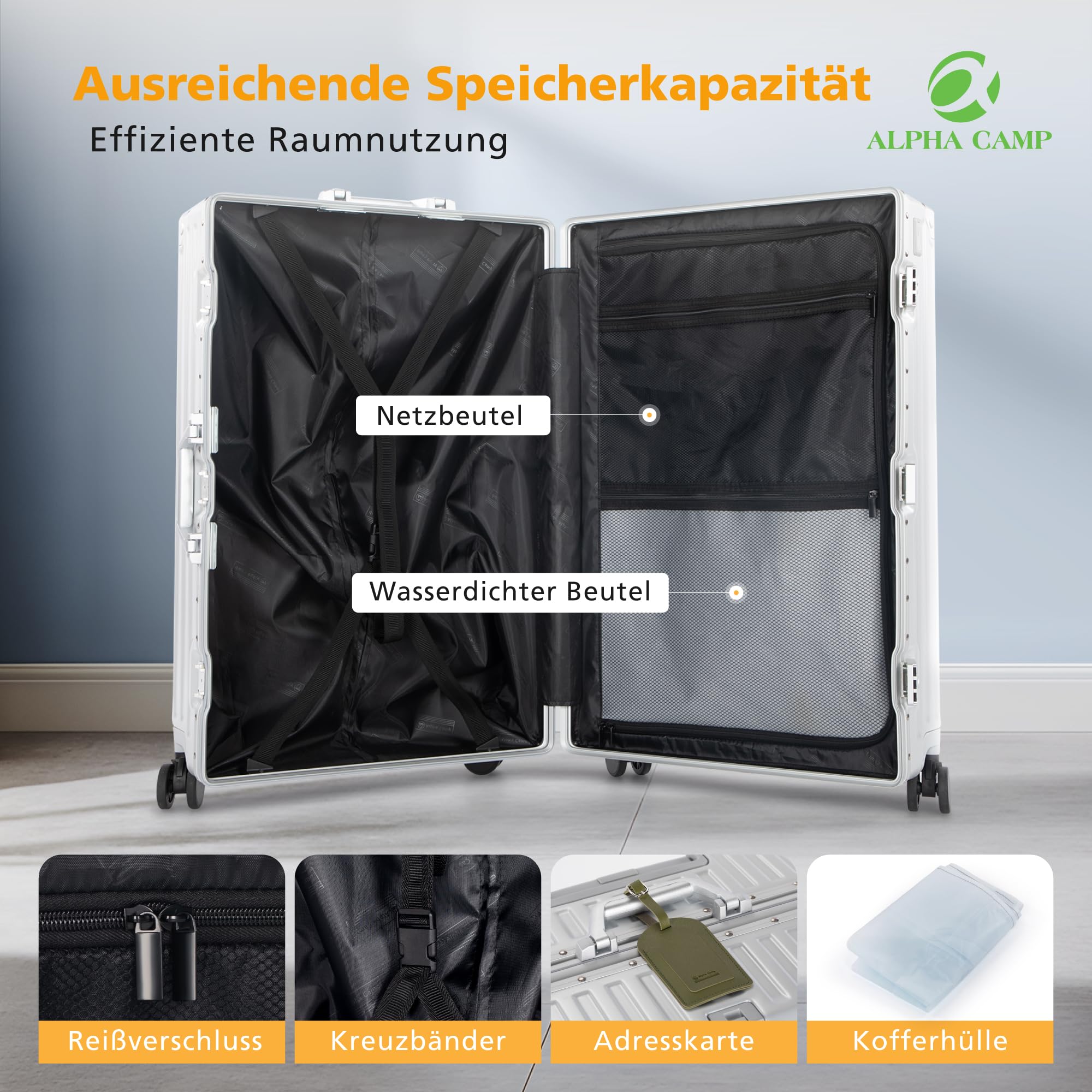 ALPHA CAMP Kofferset M L XL Reisekoffer TSA Schloss Groß 3tlg mit Rollen | Hartschalenkoffer Polycarbonat Suitcase Aluminium Rahmen Koffer Set Handgepäck Silber Mittelgroß Rollkoffer Flugreisen