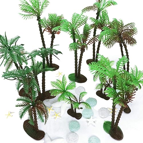Miniatura 7 de Allazone 42 palmeras de coco, 20 mini palmeras artificiales de plástico, 22 piezas de conchas y estrellas de mar para decoración de cupcakes,