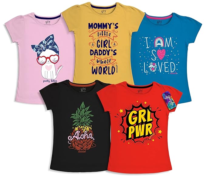 minicult Girls Half sleeeves Cotton Tshirt with Cute Prints and Colorfull (Pink) (Pack of 5)