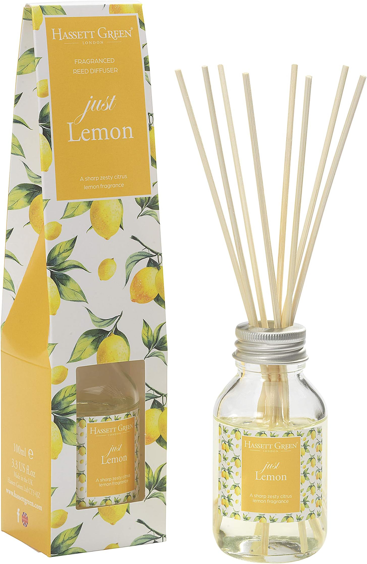 Hassett Green London - Just Lemon Fragrance Oil Reed Diffuser 100ml - Long Lasting Home Indoor Fragrance with 8 Rattan Reeds