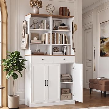 Keyluv 73" Tall Entryway Shoe Cabinet with Hutch Shelf, Large Shoe Storage Cabinet for 24-30 Pairs with Dedicated Boot Storage, 5-Tier Adjustable Shelves for Sneakers, Heels & Flats, White