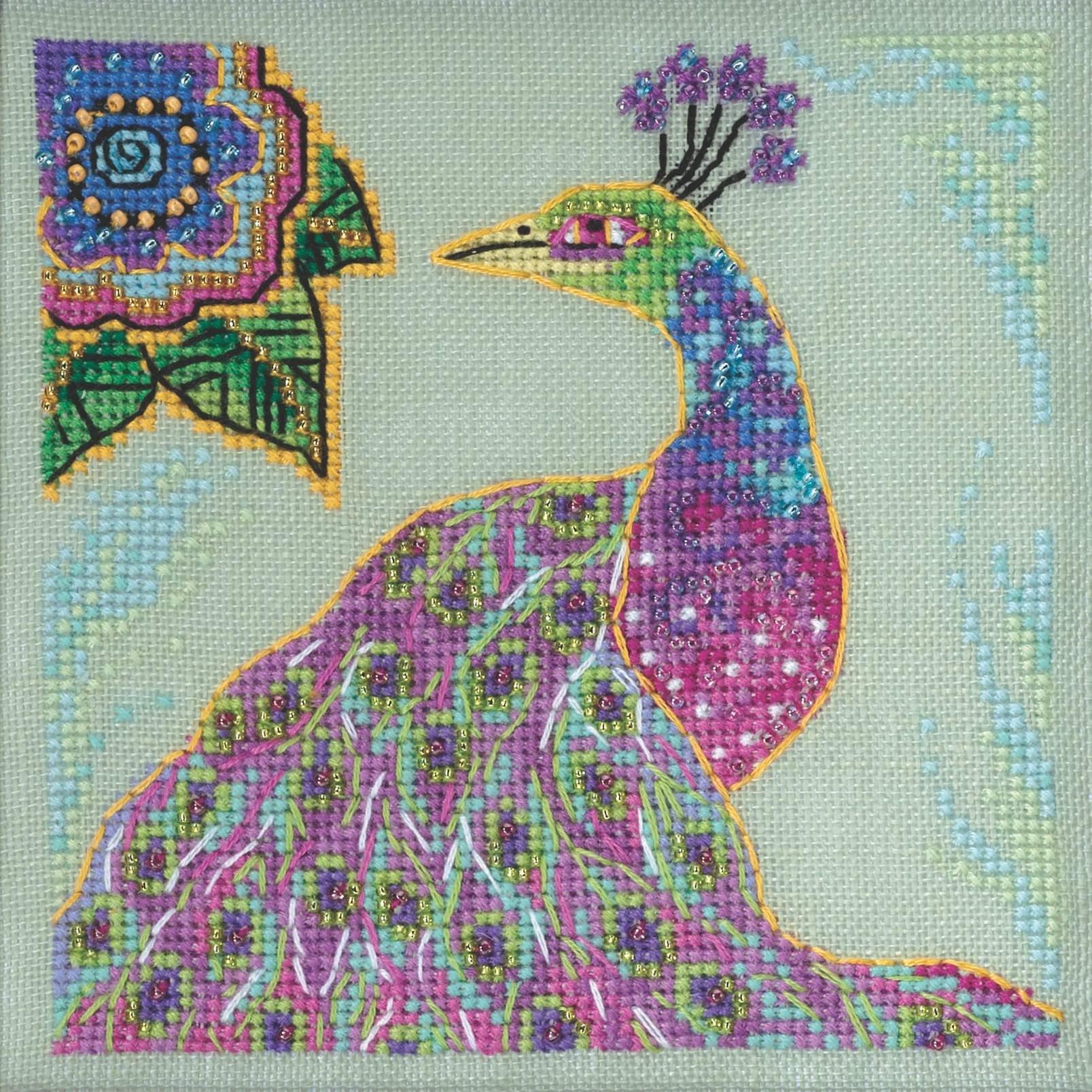 Mill Hill Peacock Beaded Counted Cross Stitch Kit 2023 Laurel Burch Birds Collection LB302314 Multi, 5 x 5 inches