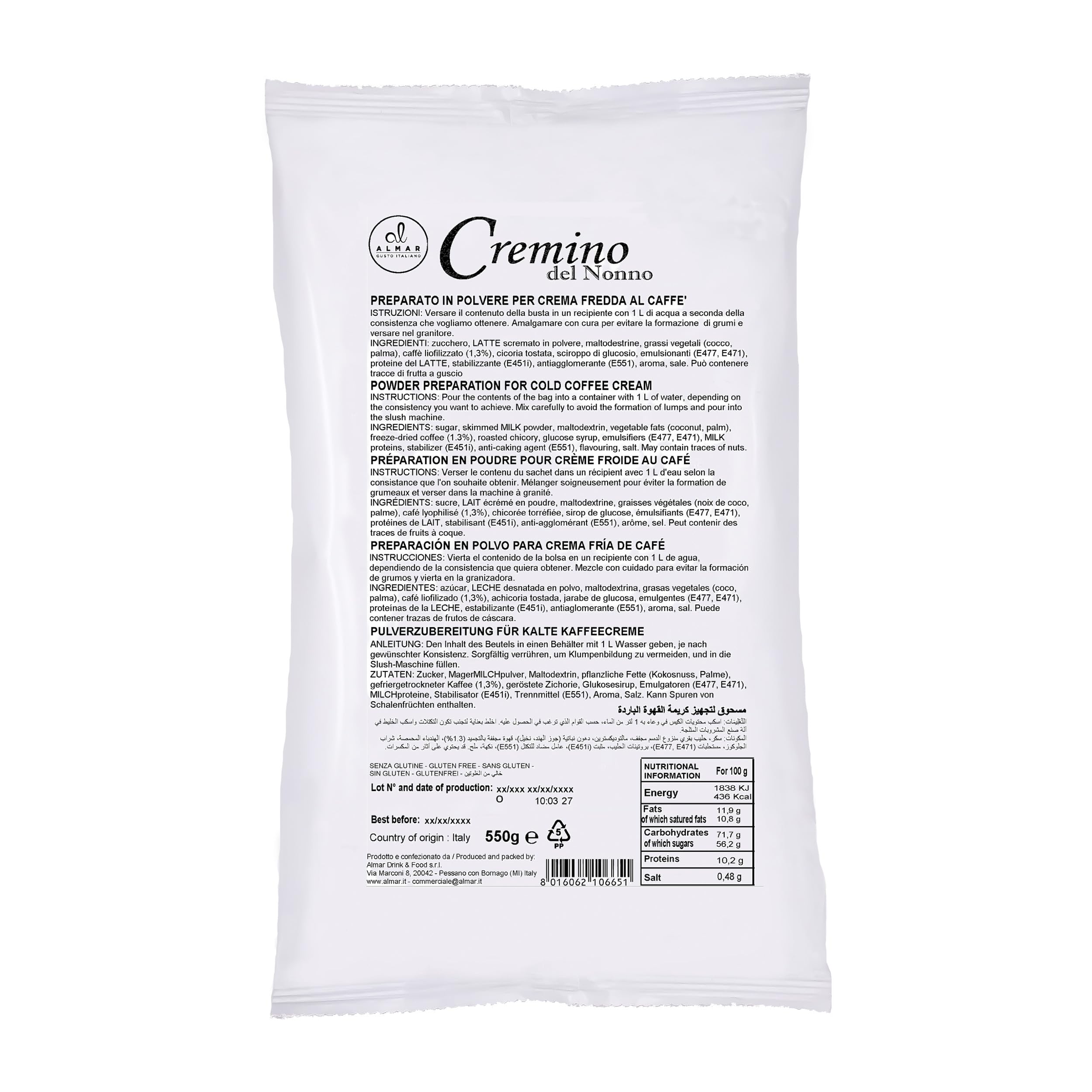 ALMAR - Cremino del Nonno, Crema Caffè Fredda Granitore, Preparazione con Acqua, Dessert Estivo Cremoso, Perfetto per Bar e Locali, Senza Glutine, Made in Italy, Offerta Risparmio, 1 Busta da 550g - 1