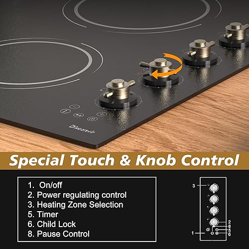 Miniatura 3 de Estufa eléctrica de 24 pulgadas, estufa de cerámica de vidrio con 4 quemadores, 6000 W, estufa eléctrica radiante de 220 V, 9 niveles de potencia,