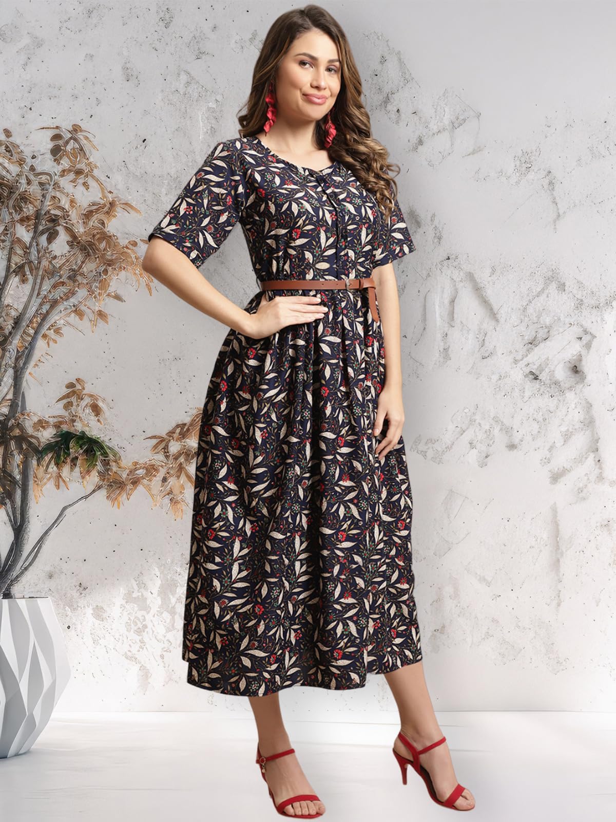 Preneum Girls's Georgette Floral Printed 3/4 Slevees A-Line Fit & Flare Gown with Belt, Jet Black, L 2