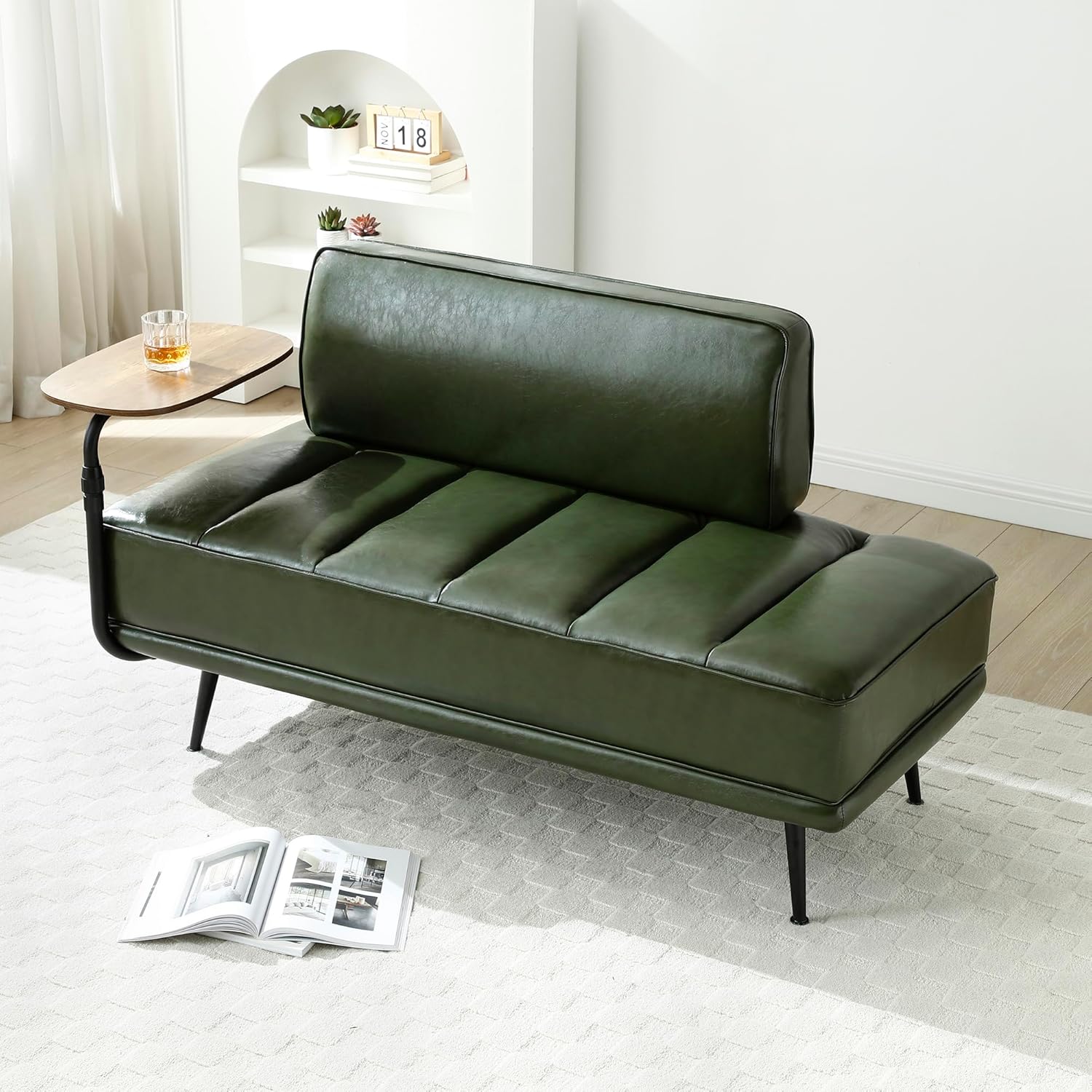 KEIKI Green Faux Leather End of Bed Bench with Swivel Tray & Tablet Holder - Modern Bedroom Sitting Bench, Gold Metal Legs