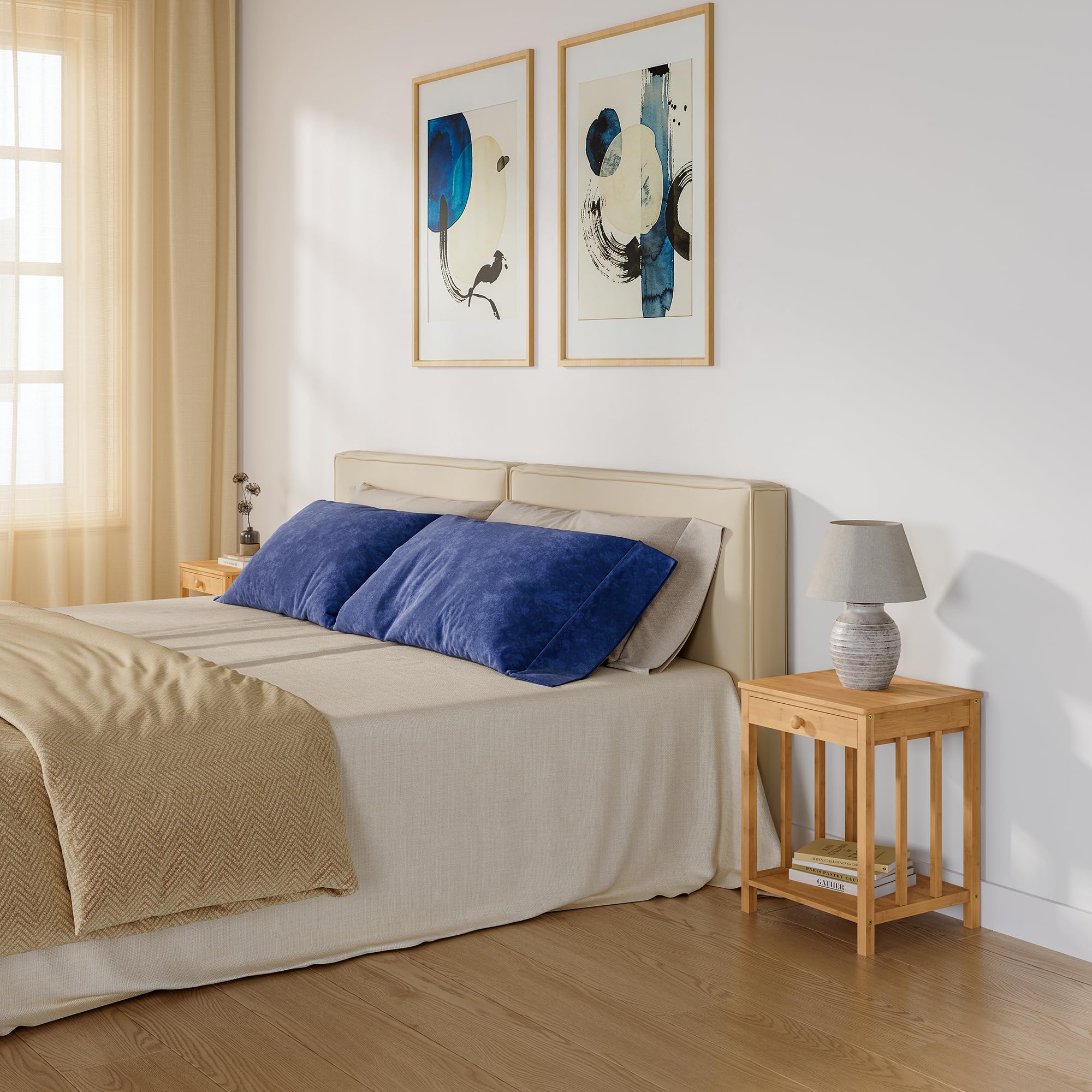 [en.casa] Juego de 2 Mesitas de Noche Ranua Rectangulares Set de 2 Mesas Auxiliares para Salón con Cajón Estante Muebles de Oficina Montaje Rápido Bambú 51 x 40 x 35 cm - Natural