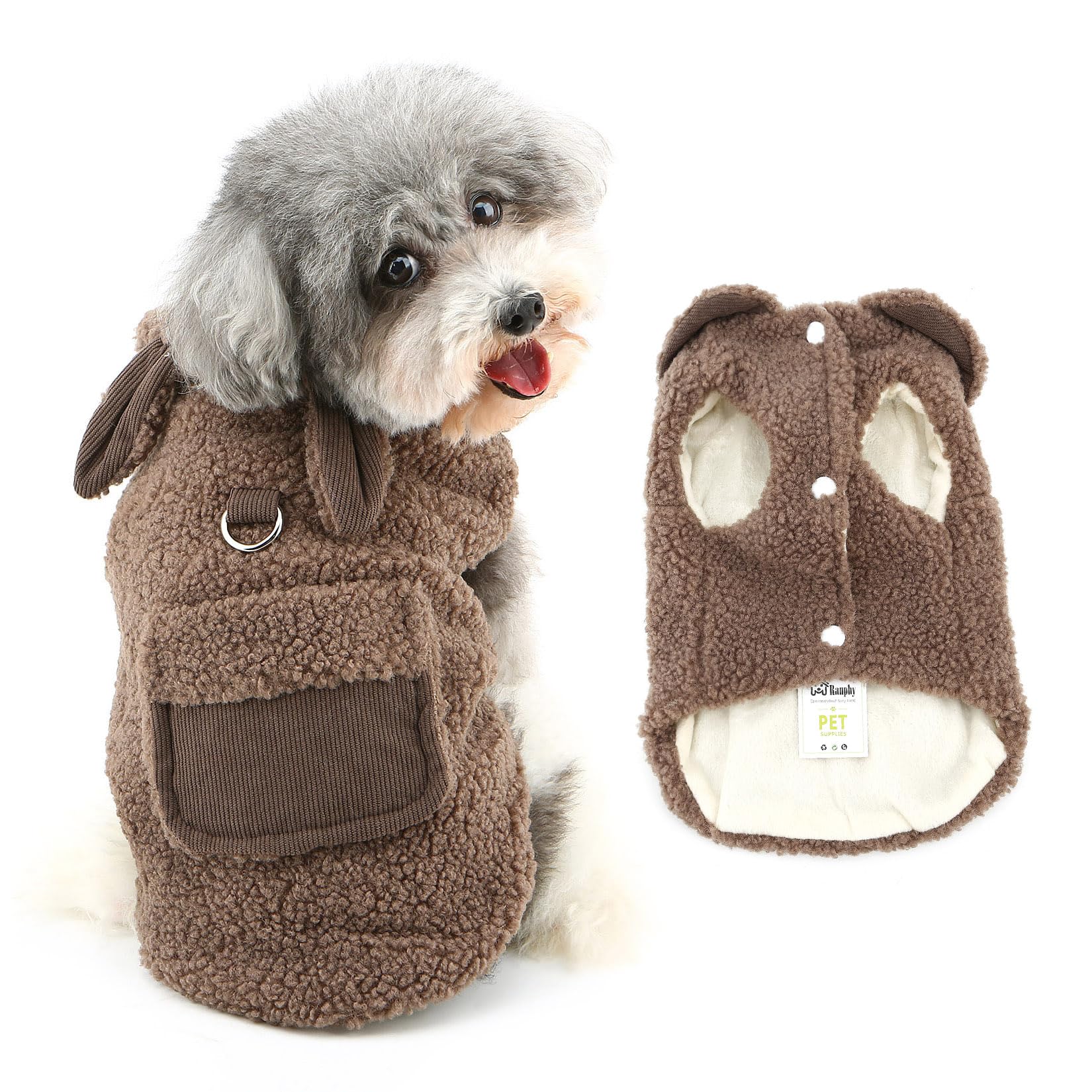 Ranphy Faux Shearling Fleece Jacket for Small Dog Fleece Lined Puppy Winter Coat Sleeveless Cute Ears Pocket Windproof Yorkie Chihuahua Warm Clothes with Leash Ring Cat Clothing,Brown,M