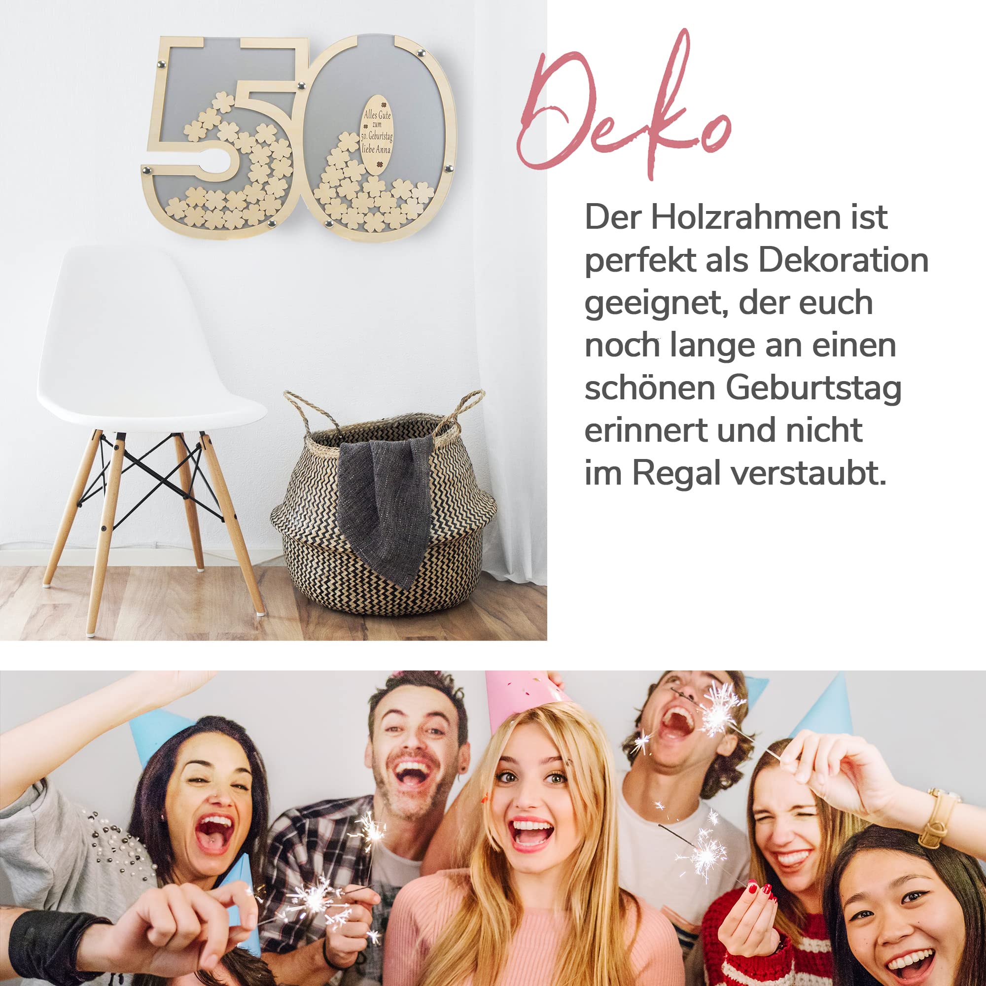 Besonderes personalisierbares Gästebuch aus Holzzahlen 50 | 40x60 cm in Grau | Holz Kleeblätter zum Beschriften für Namen und Sprüche z.B. Geburtstag - Geburtstagsdeko mit Acrylglas