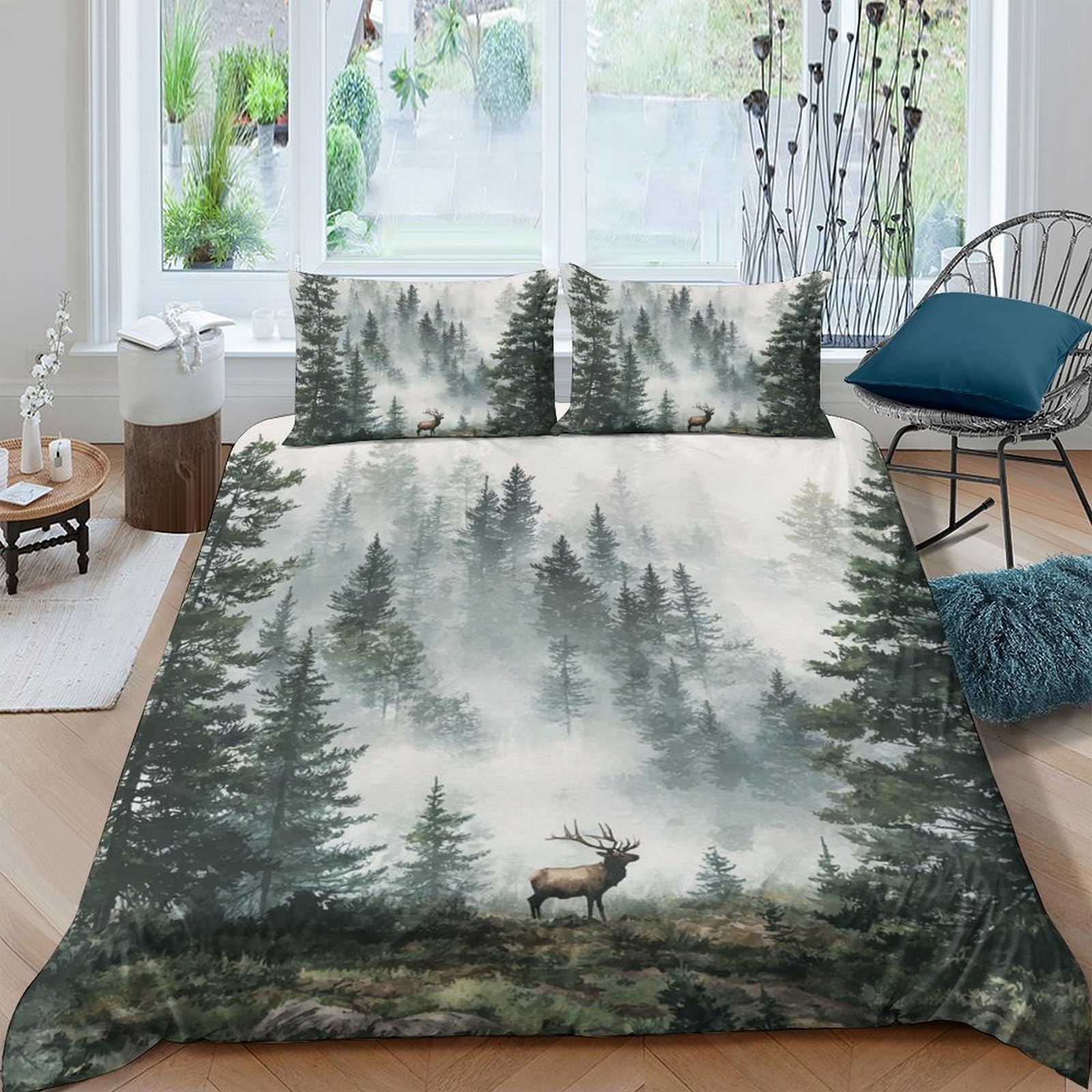 GPLZQXKJNH 3D Printed Forest Landscape Duvet Cover Microfiber Nature Foggy Pine Bedding Set with 2 Pillowcases for Bedroom Decor Single（135x200cm）