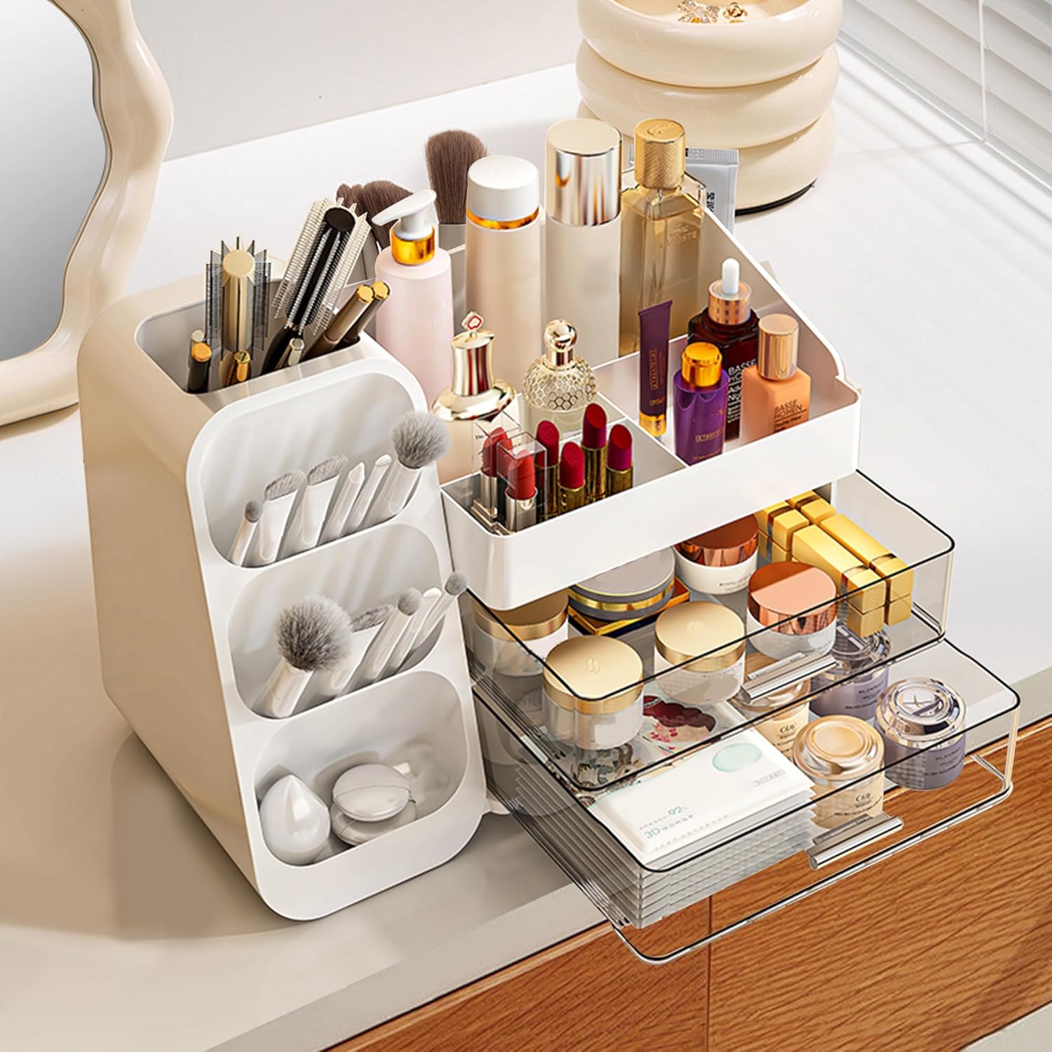 Makeup Organizer with Drawers – Large Cosmetic Storage Box for Vanity, Bathroom, or Bedroom, Perfect for Skincare, Brushes, Lipstick, Eyeshadow,and Beauty Essentials (White)