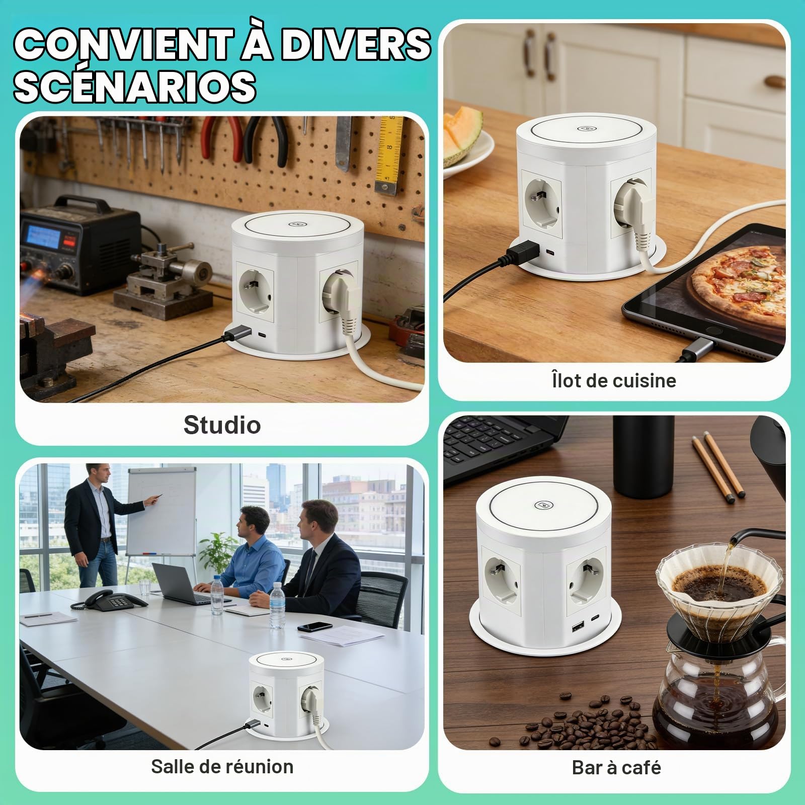 Multiprise de Table Rétractable 9 en 1, Prise Encastrée avec USB-C PD 75 W, Multiprise 4 Prises avec Charge sans Fil 15 W, Prise de Table Rétractable pour Plan de Travail, Bureau (Blanc)