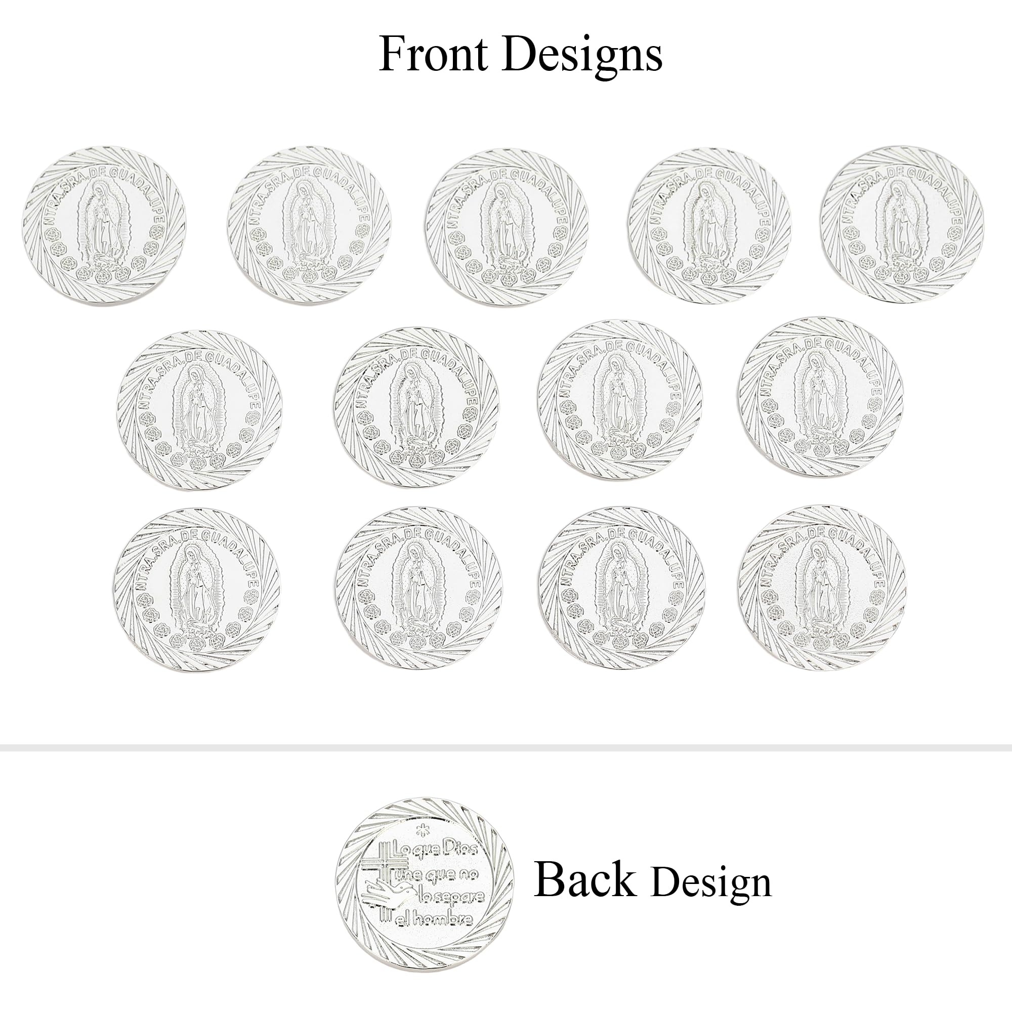 TINGKU Arras mexicanas de oro para boda católica, Arras de Boda Cristiana, Nuestra Señora de Guadalupe Monedas Decoración de Boda (Silver, Caja de corazón estilo D)