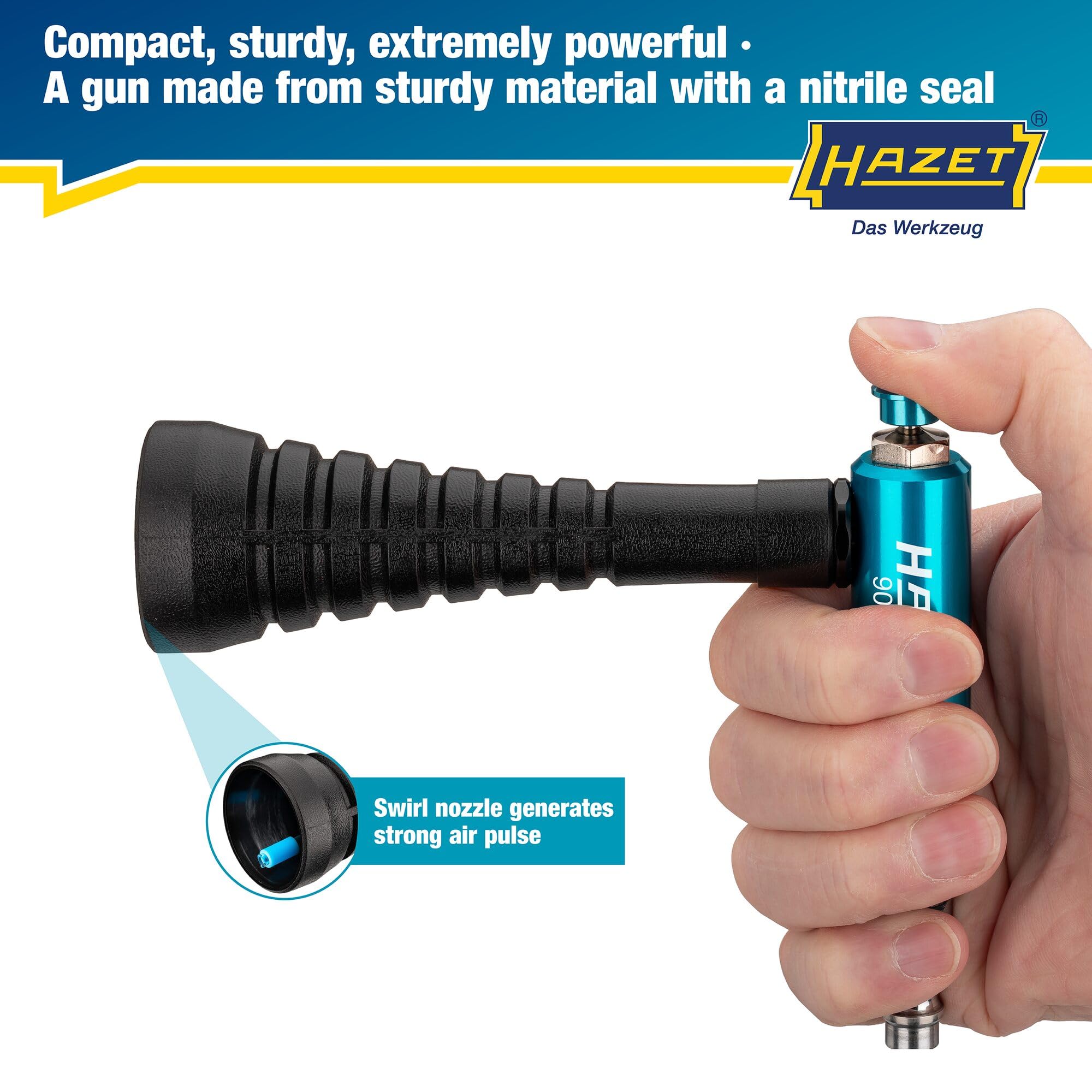 Pistola de aire turbo HAZET 9040T-1, boquilla de remolino para un fuerte impulso de aire, presión de trabajo de 6 bar, empuñadura ergonómica, eliminación rápida de virutas, polvo y mucho más