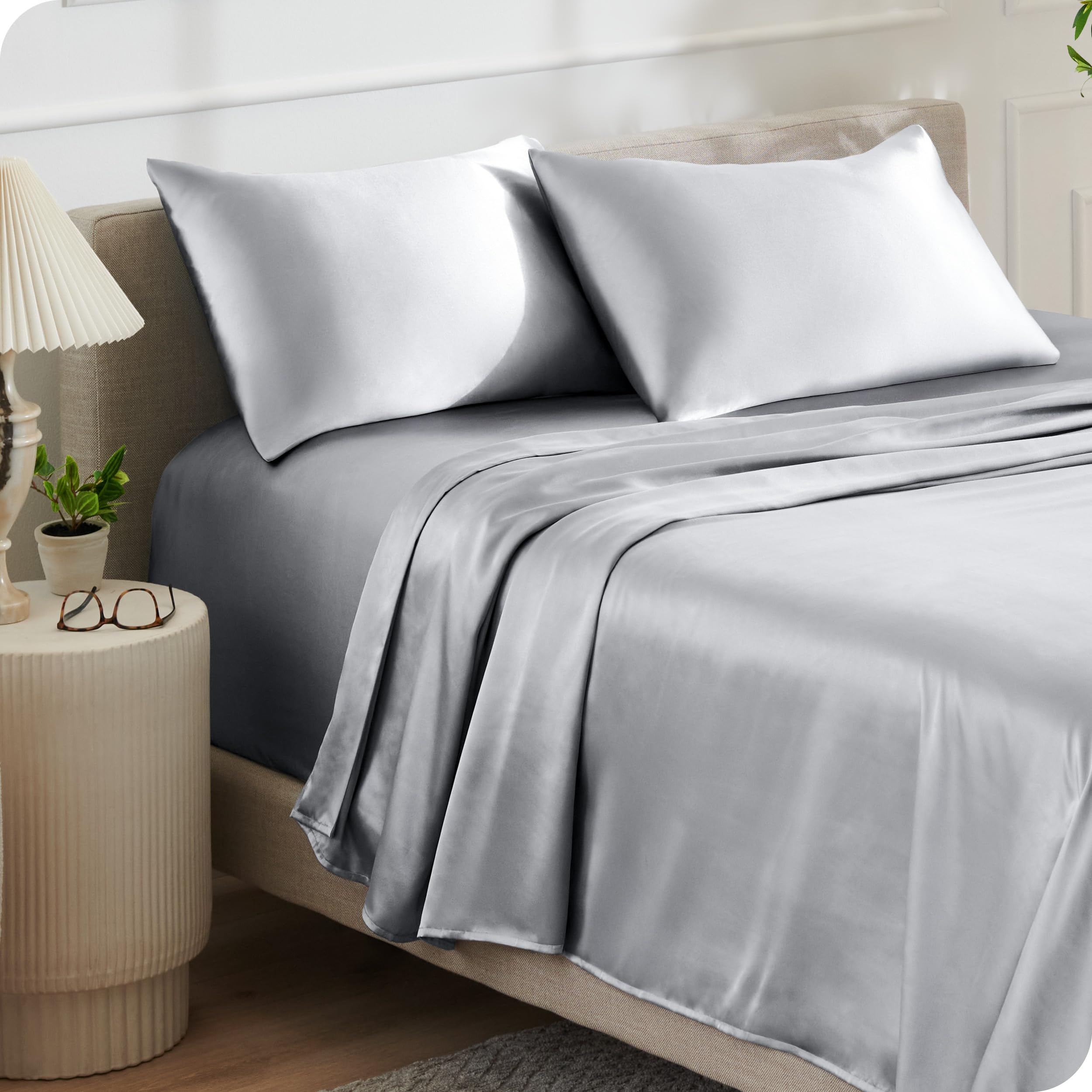 Bare Home Twin Poly Satin Sheet Set - Luxury Soft and Smooth Satin - for Hair and Skin - Breathable - Similar to Silk - Deep Pocket up to 15” -
