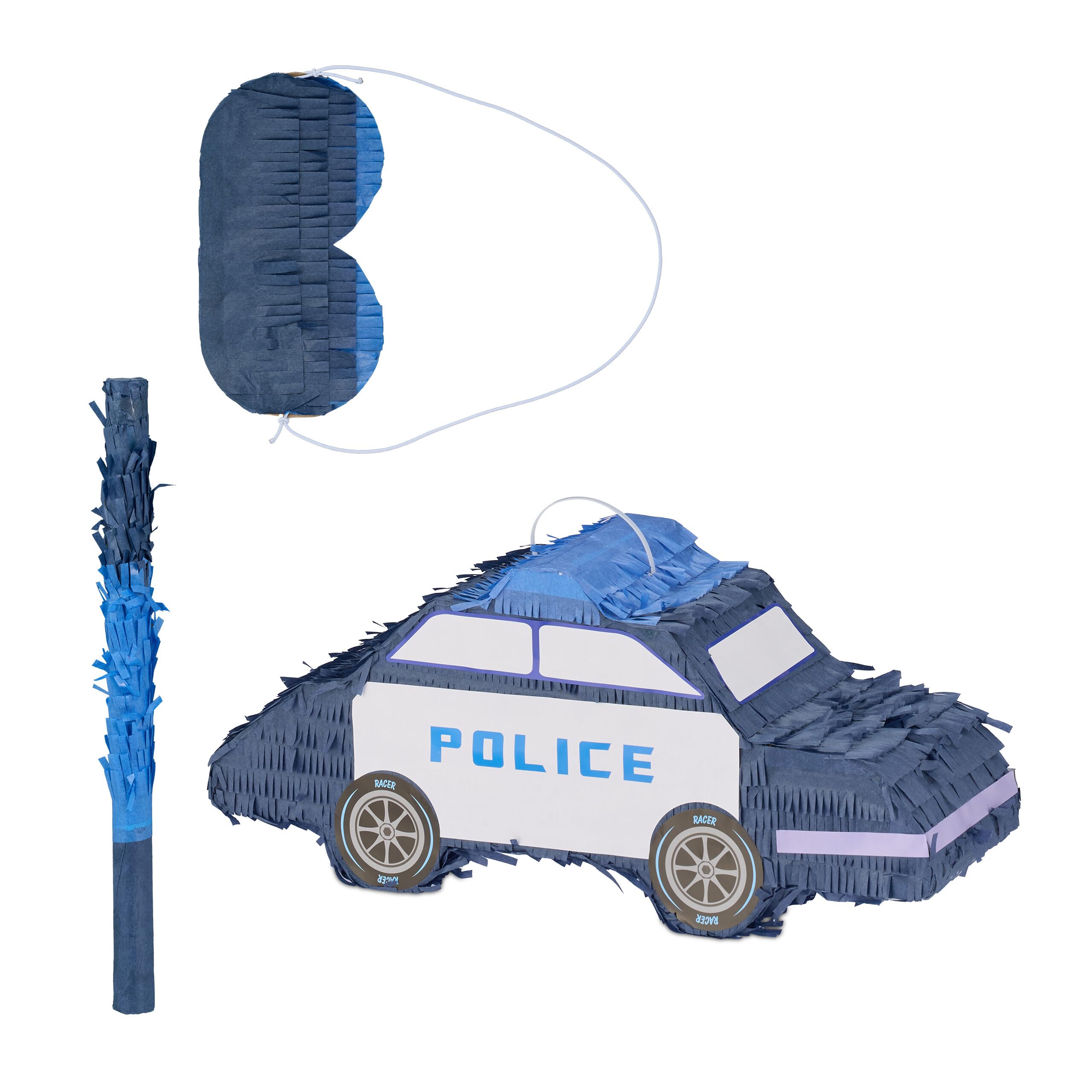 Relaxdays Piñata with Accessories, Police Car Design, Hanging, Kids, Boys & Girls, incl. Stick & Mask, Unfilled, Blue, Paper, 22 x 50 x 16 cm