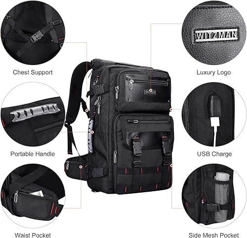 Miniatura 7 de WITZMAN Mochila de viaje de mano para hombre, convertible, grande, de nailon, para portátil de 17 pulgadas, aprobada por aerolíneas, Negro -,