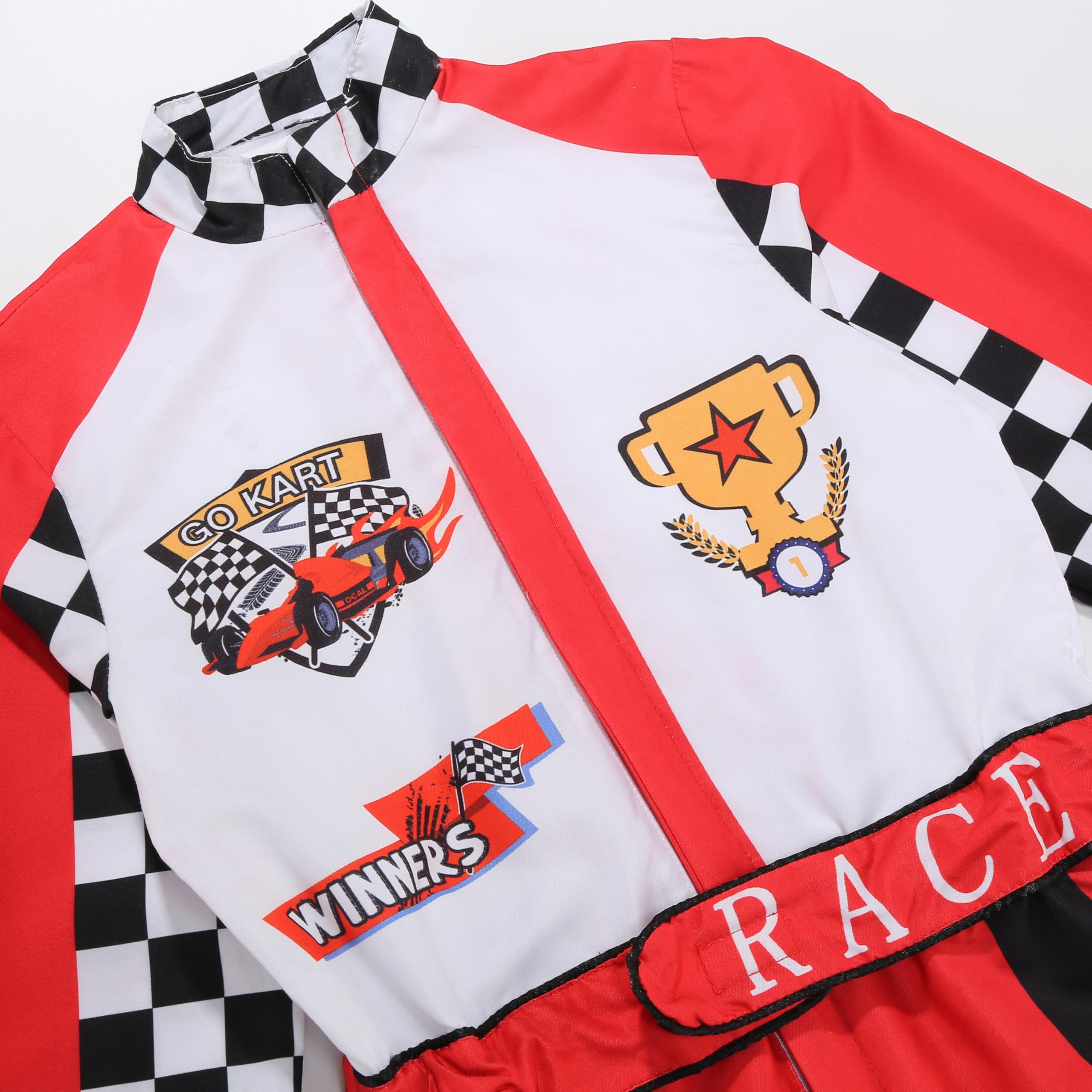 DELIVESS Kids Race Car Driver Costume Racecar Driver Costume Halloween Party Race Car Outfit Print Jumpsuit 4 Pcs (Red and White, M) - Image 3