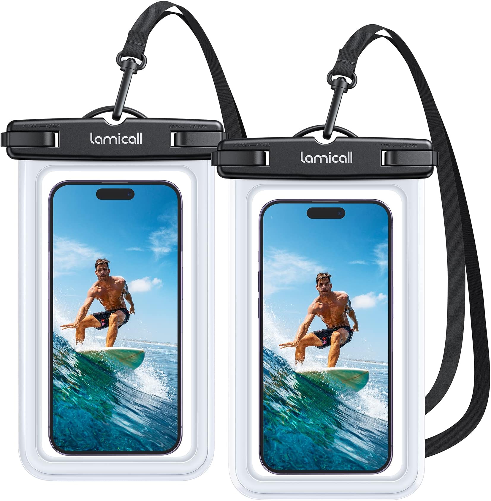 Lamicall Waterproof Phone Pouch Case - [2 Pack] IPX8 Waterproof Phone Case for Swimming Dry Bag with Clip Strap for iPhone 17 16 15 14 13 12 Pro Max Plus Air Mini, Samsung S23 Up to 7” - Transparent