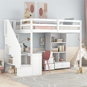 Twin Size Loft Bed with Stairs and L-Shaped Desk,Solid Wood Bed Frame with Storage and Guardrails for Kids Teens,Loft Bed with Desk Underneath for Bedroom,Space Saving,White