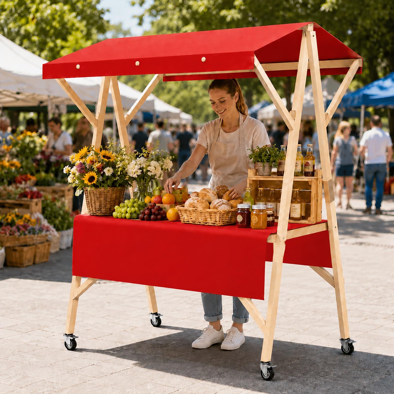 SBCWH Portable Wooden Market Stand with Canopy, Folding Vendor Cart on Wheels, Outdoor Farmers Booth, Lemonade Stall for Street Fairs, Events(Red,120x60x200cm)