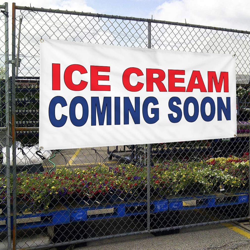 Vinyl Banner Multiple Sizes Ice Cream Coming Soon Red Blue Food Bar Restaurant Truck Business Outdoor Weatherproof Industrial Yard Signs 4 Grommets 24x36Inches