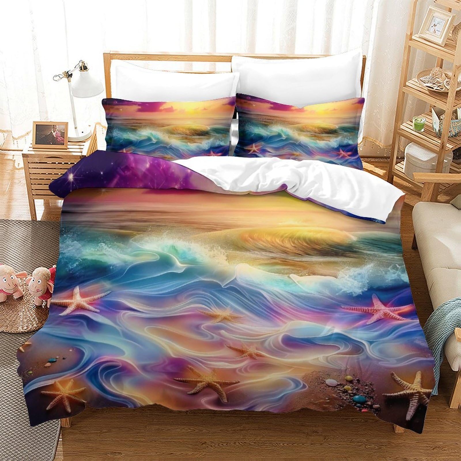 FZALUECVA Microfiber Duvet Cover Set Dream Beach Fade Resistant Duvet Cover Comforter Cover 3pc with Zipper Bedding Set for Bedroom, Guestroom Double（200x200cm）