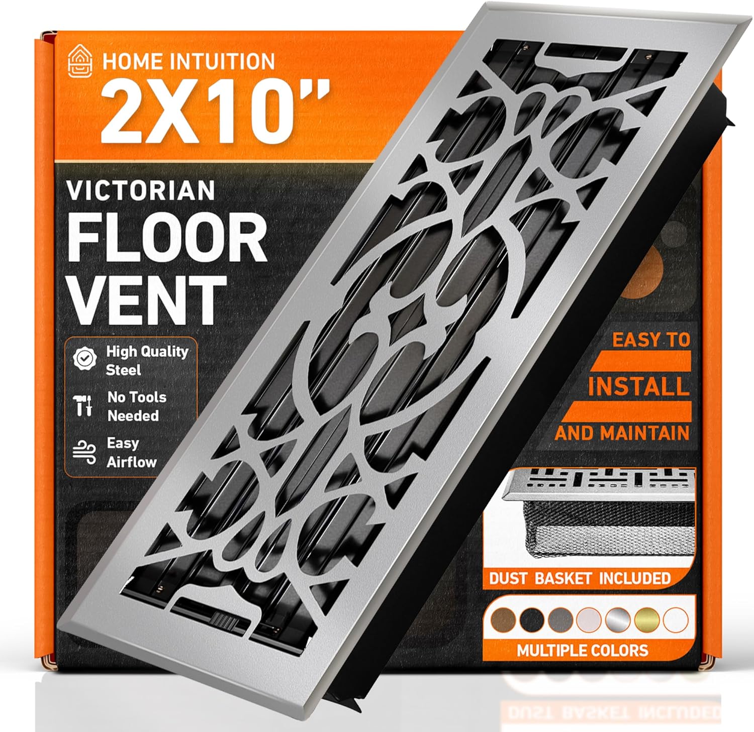 2X10 Floor Vent Covers Floor Register with Mesh Cover Trap, Heat and Air, Walkable Metal Floor Vent for HVAC Duct, Victorian, Light Grey