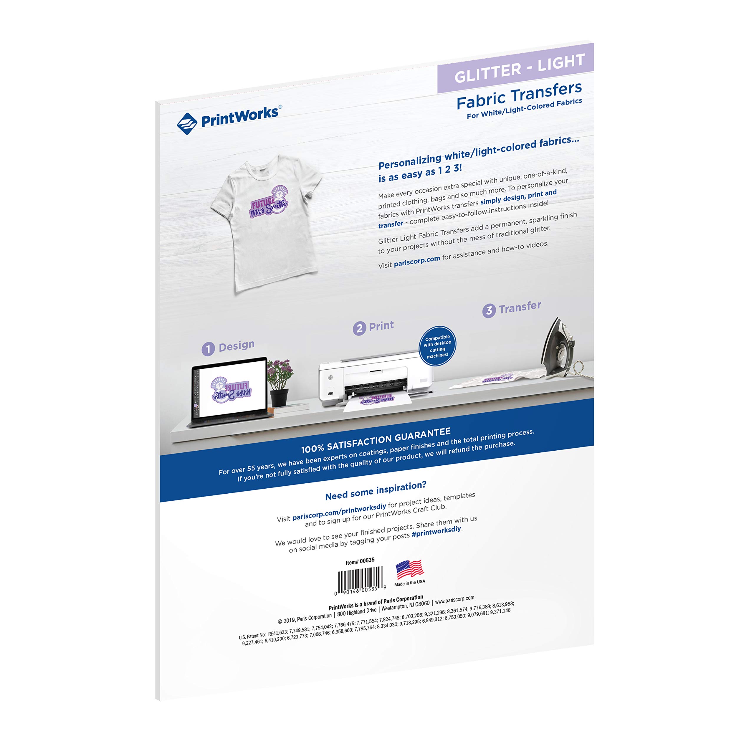 Printworks Glitter Light Fabric Transfers, for White/Light-Colored Fabrics, 4 Sheets, Inkjet, 8.5 x 11, Add Sparkle to Garments, Totes, Aprons, Crafts & More (00535)