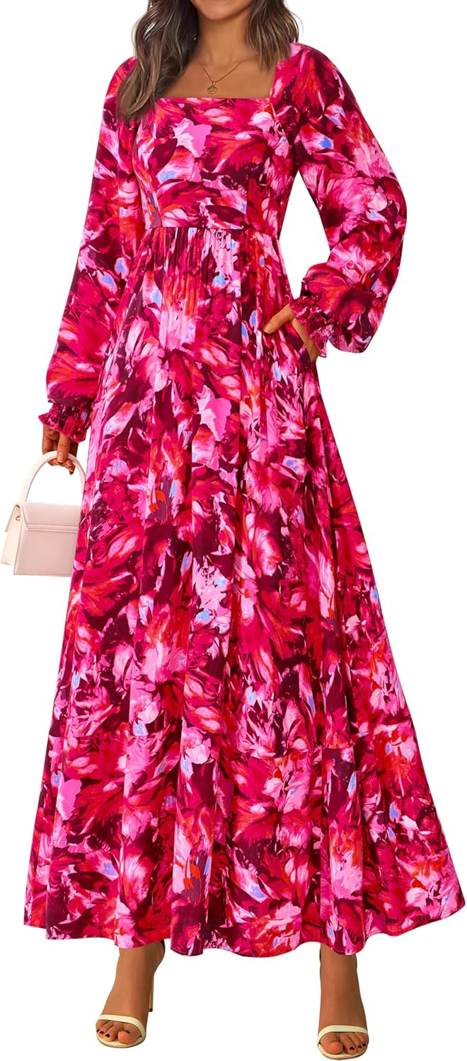 RETTYGARDEN Women Floral Maxi Dresses 2025 Fall Long Sleeve Square Neck Boho A Line Wedding Guest Casual Flowy Long Dress