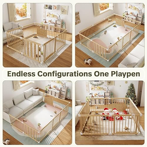 Miniatura 6 de Corralito de madera para bebés con bloqueo de seguridad para niños, patio de juegos extra grande para bebés y niños pequeños, centro de actividades