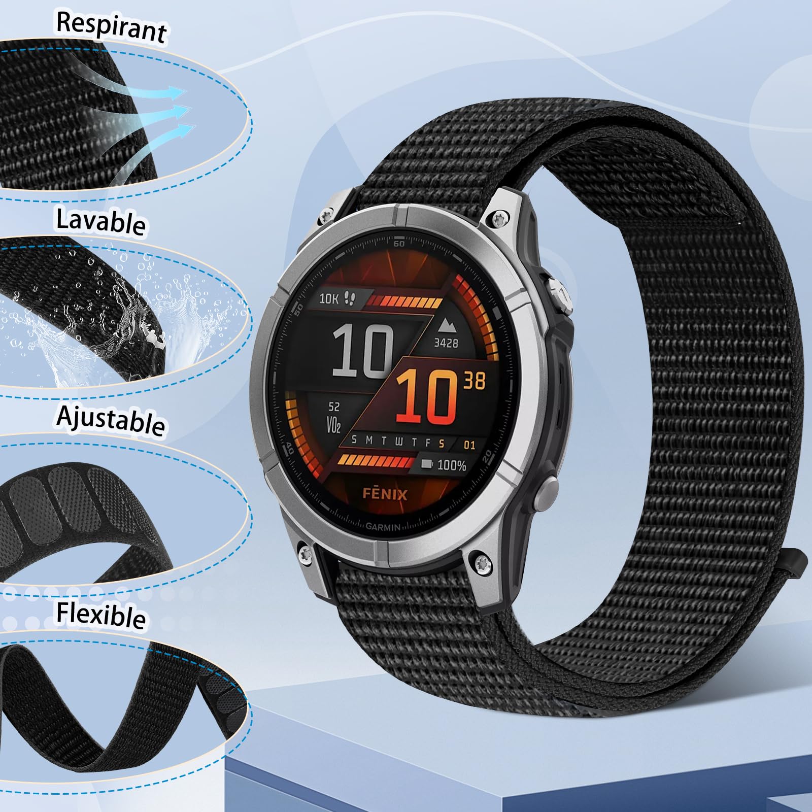 Quickfit 22mm Bracelet en nylon pour Garmin Fenix 8 47mm/Fenix E 47mm/Fenix 7/Fenix 7 Pro/Fenix 6/Fenix 6 Pro/Fenix 5/5 Plus/Epix Gen 2/Approach S62/S60 Bracelet pour Hommes Femmes