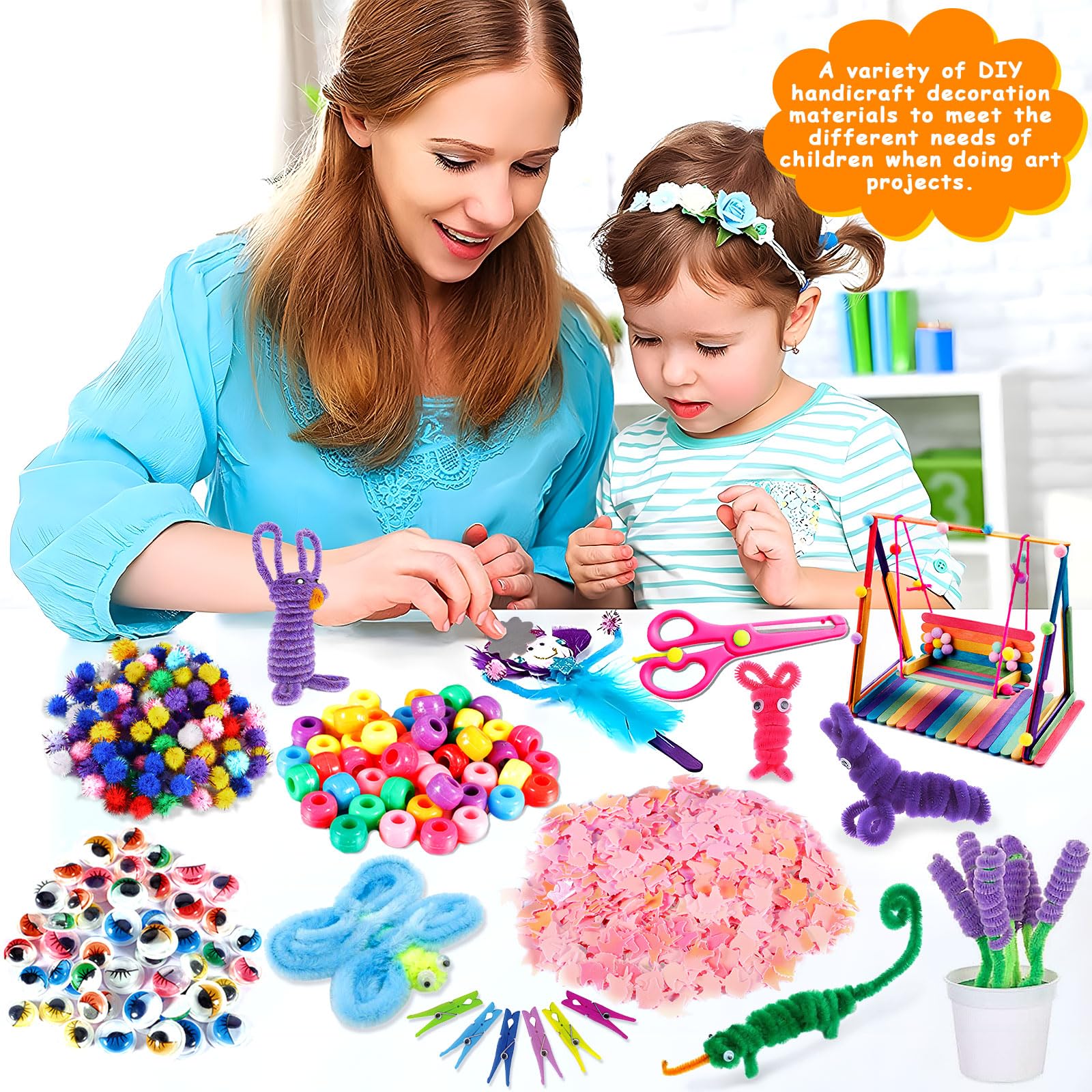 FAMKEEP Zestaw do majsterkowania dla dzieci, 1800 sztuk, sztuka i rękodzieło dla dzieci, akcesoria do majsterkowania, scrapbooking, brokatowe pompony, pióra, guziki, cekiny, perły, prezent, cekiny