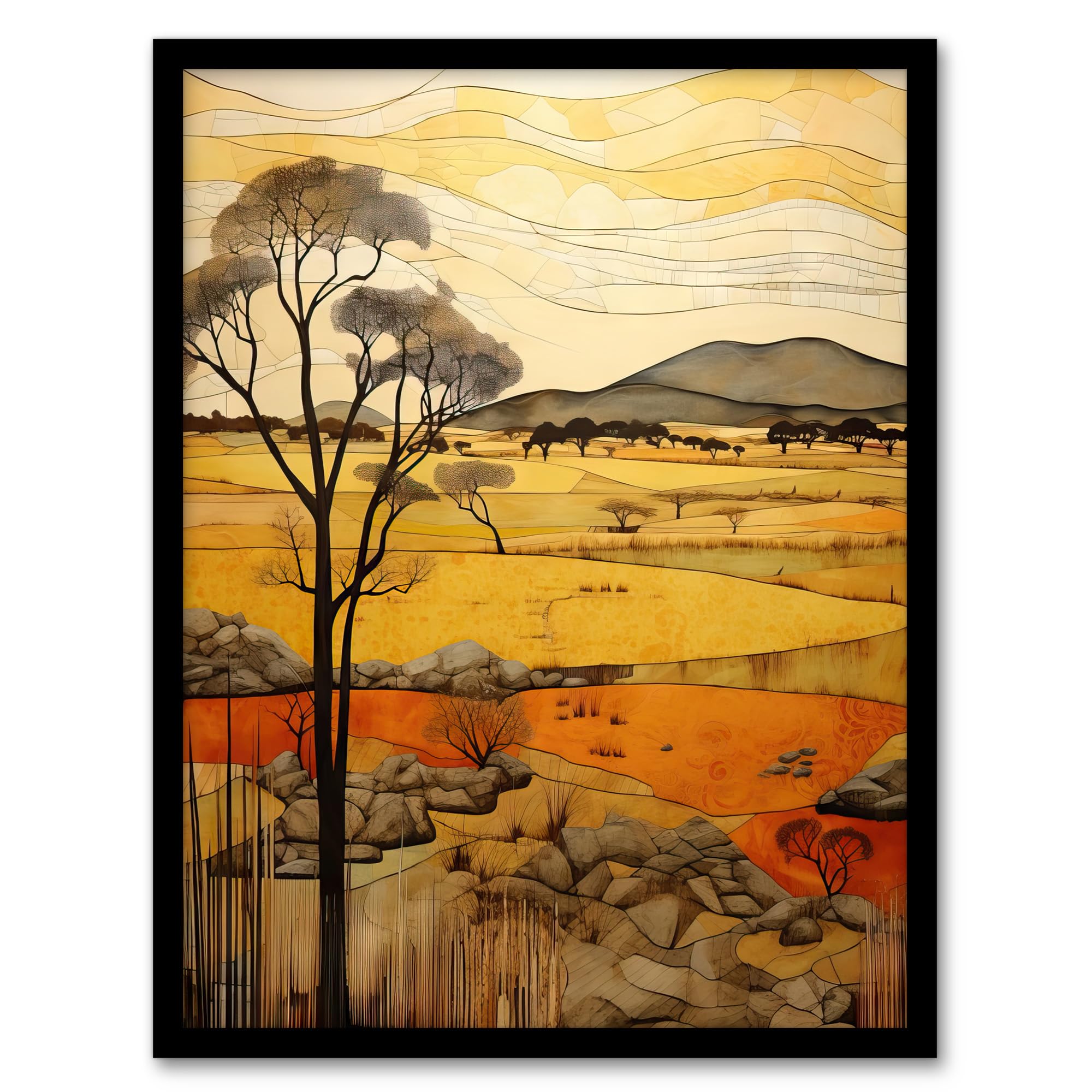 Artery8 African Savannah Artwork Yellow Orange Ochre Tropical Grassland In Summer Artwork Framed Wall Art Print 18X24 Inch