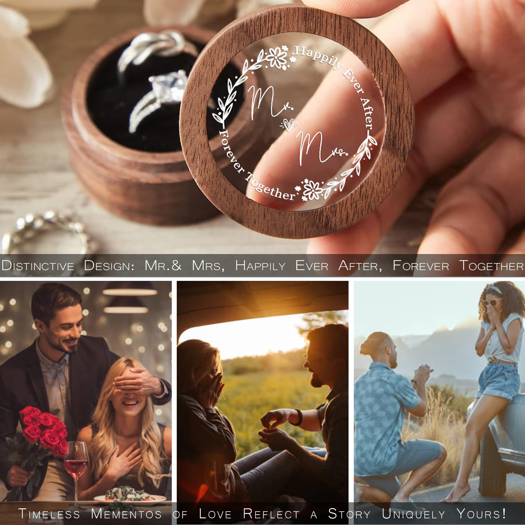 Wedding Ring Box Personalized, Mr. &Mrs. Double Ring Boxes for Ceremony, Engagement, Wooden Mini Round Ring Holder Elegant and Retro Ring Holder Box/Organizer