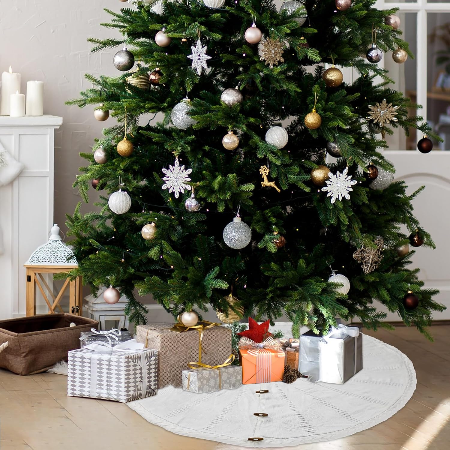 60inch Extra Large Knitted Christmas Tree Skirt White Luxury Cable Knit Thick Rustic Christmas Tree Decorations Farmhouse Crochet Xmas Trees Skirt for Xmas Holiday Indoor Home Party Decorations