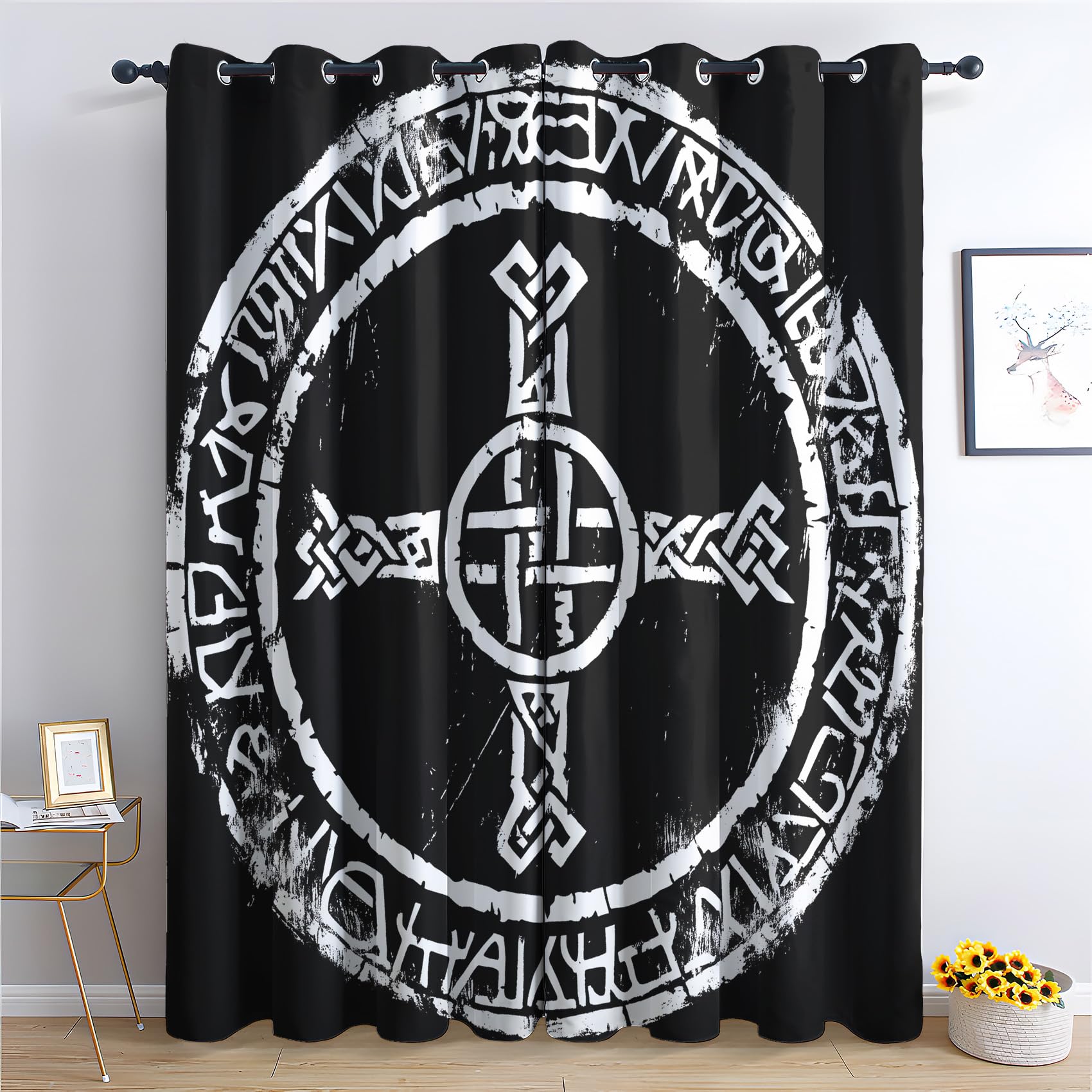NIYAKA Norse Viking Curtain Blackout, Rune Celtic Cross Pagan Curtains 46x90, Living Room & Bedroom Decor Drapes, Thermal Insulated Eyelet Window Treatments 90 Drop, 2 Panels