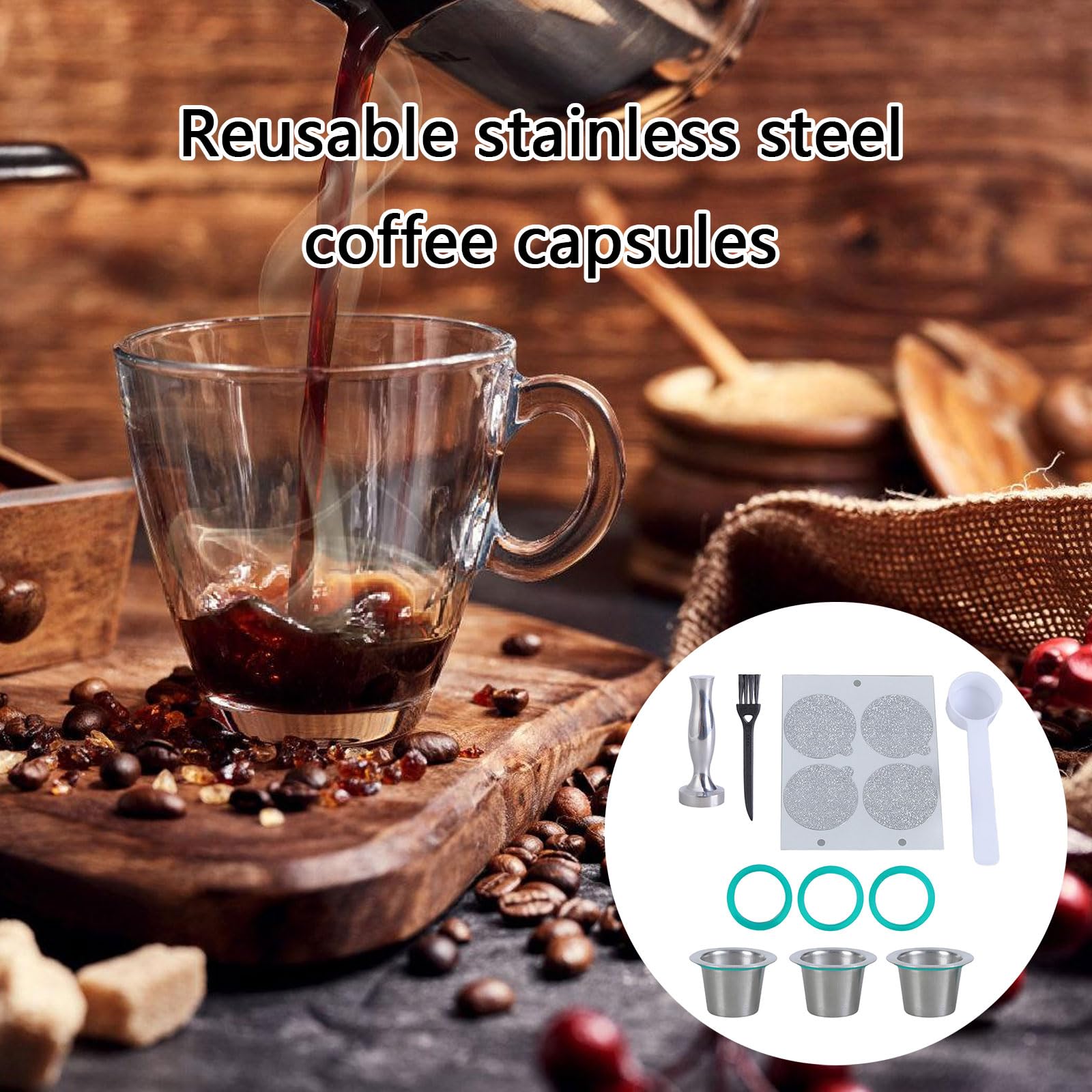 Filtro de cápsulas de café recargables de acero inoxidable con tampón y cuchara, filtro de cápsulas de metal con tampador y cuchara