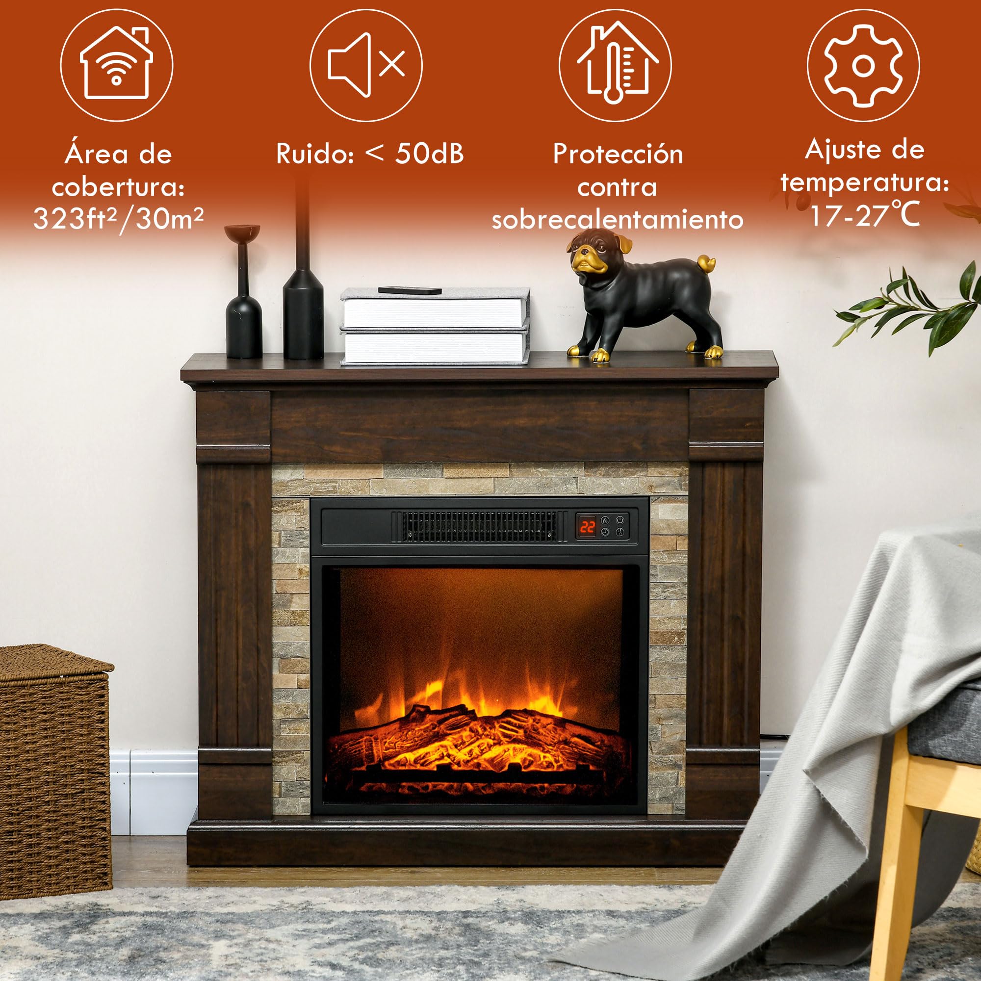 HOMCOM Elektryczny Kominek 1800W z Efektem Płomienia, Pilot, Timer, Termostat, 30 m², Ciemny Brąz