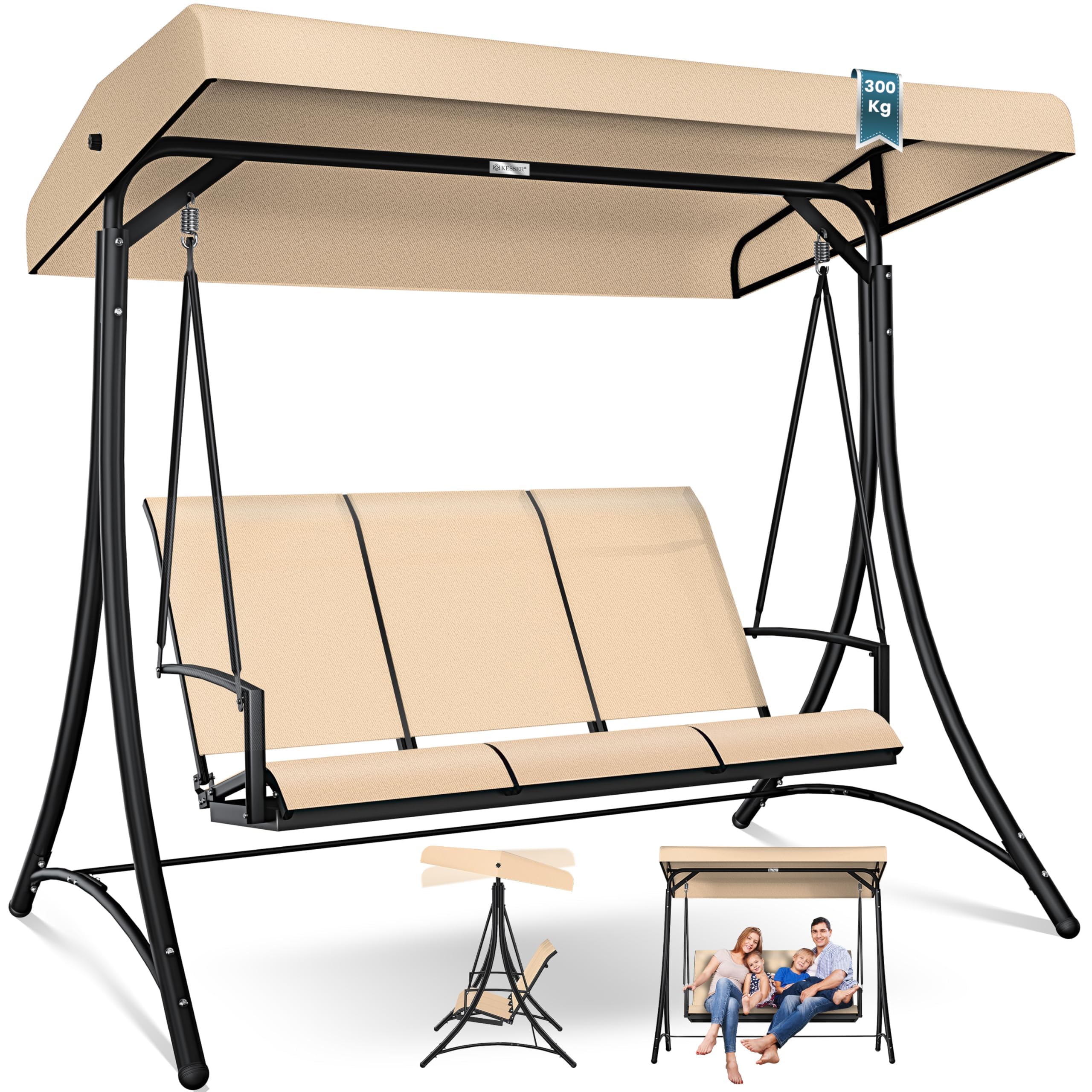 KESSER® Dondolo Hollywood con tettuccio parasole, 3 posti, portata 300 kg, sdraio da giardino antiscivolo, panca a dondolo, impermeabile, per esterni e interni (beige)