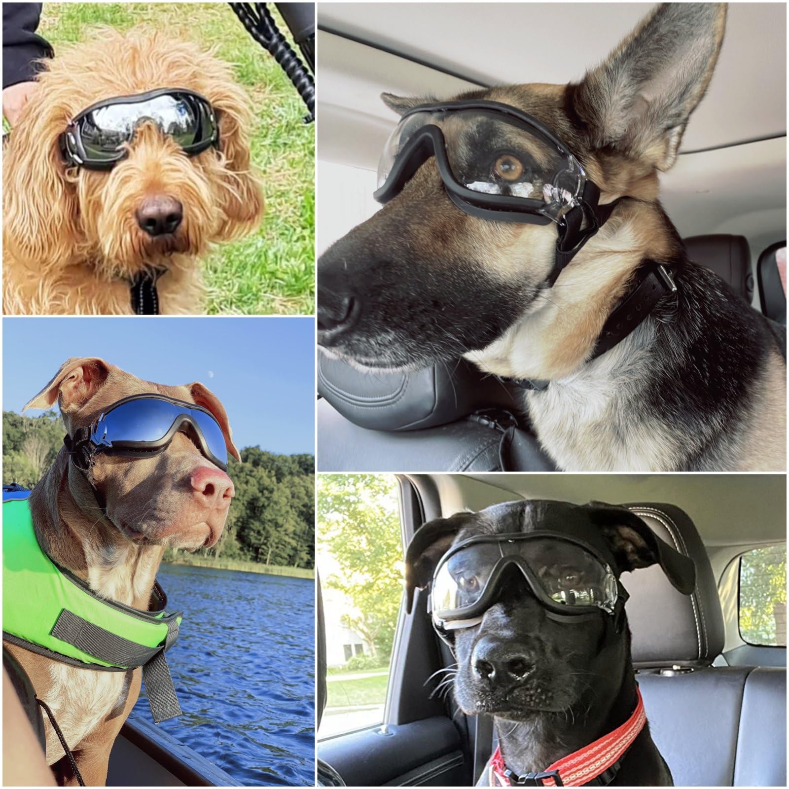 Namsan Lot de 2 paires de lunettes pour chiens moyens et grands, protection UV, lunettes pour chien, protection des yeux, sangles élastiques réglables, verres transparents/argentés